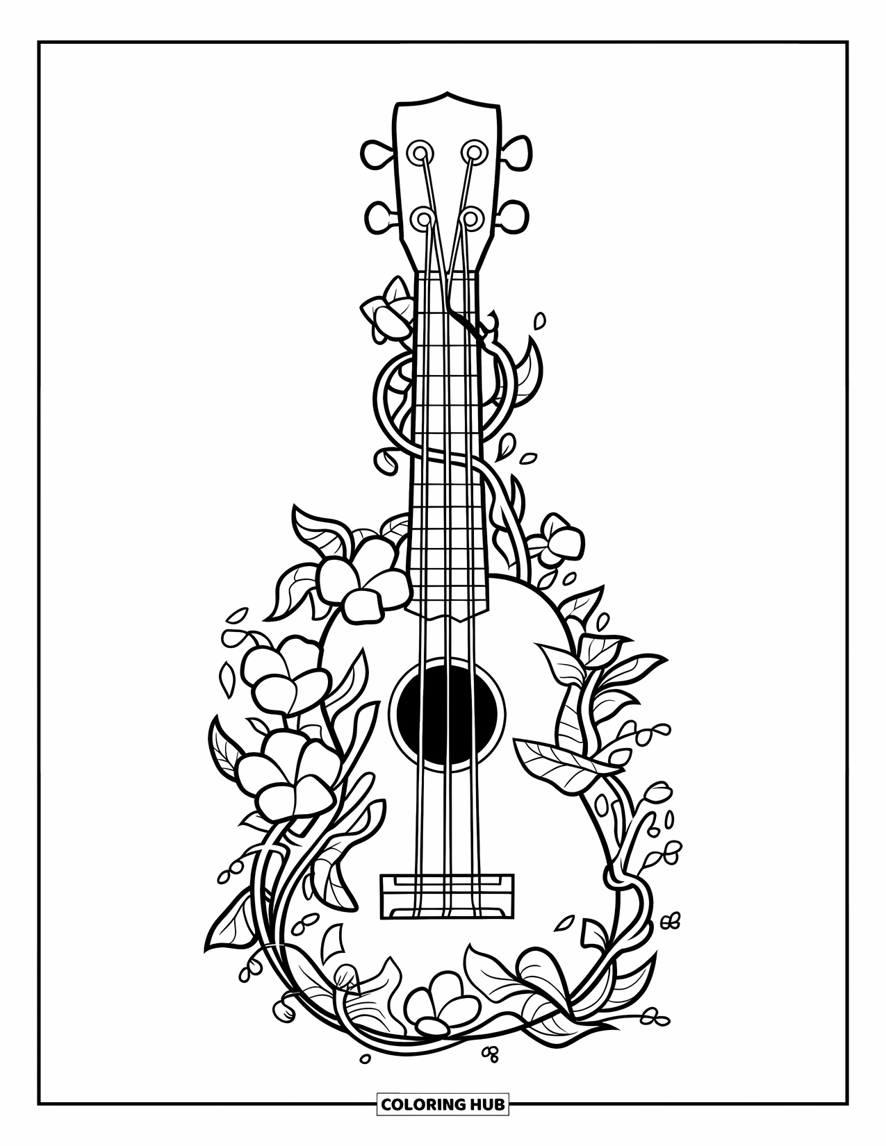 Hawaiiaanse kleurplaat voor kinderen: Een ukelele met gedetailleerde wijnranken en bloemen verstrengeld