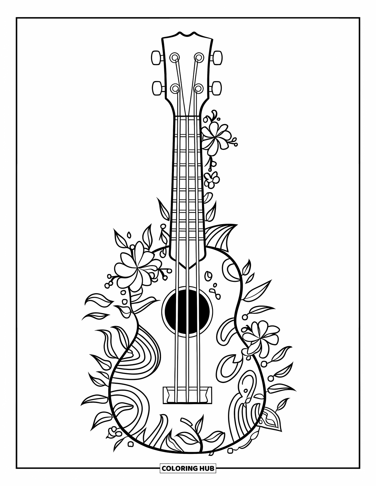 Hawaiiaanse kleurplaat voor kinderen: Een ukelele omwikkeld met wijnranken en Hawaiiaanse bloemen
