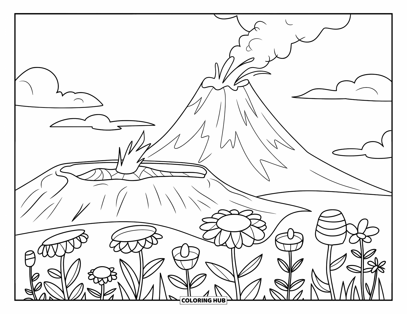 Hawaiiaanse kleurplaat voor kinderen: Een vulkaan die zachtjes uitbarst met bloemen aan de basis