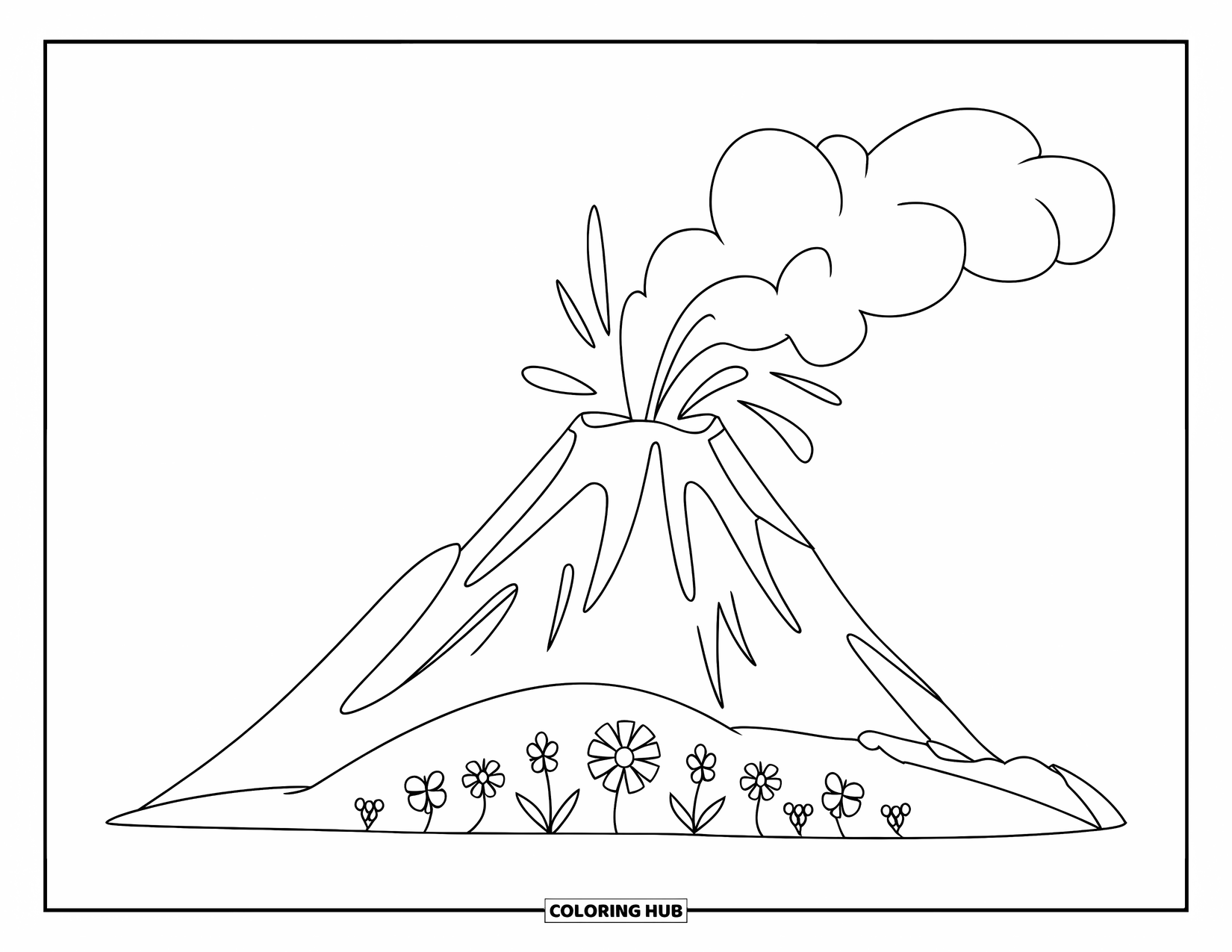 Hawaiiaanse kleurplaat voor kinderen: Een vulkaan met zachte uitbarstingen en bloemen die in de buurt groeien
