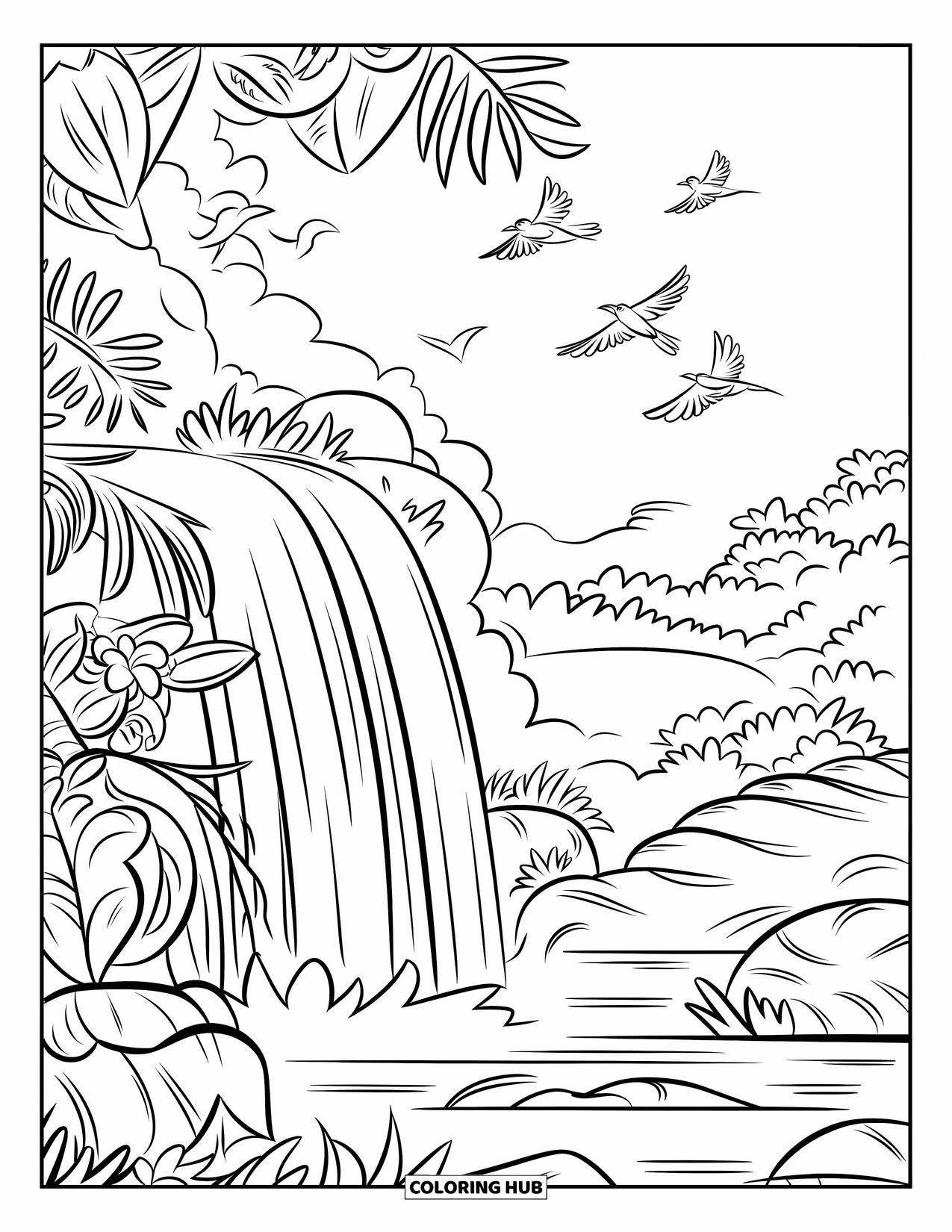 Hawaiiaanse kleurplaat voor kinderen: Een waterval met grote bladeren, bloemen en vogels die erboven vliegen
