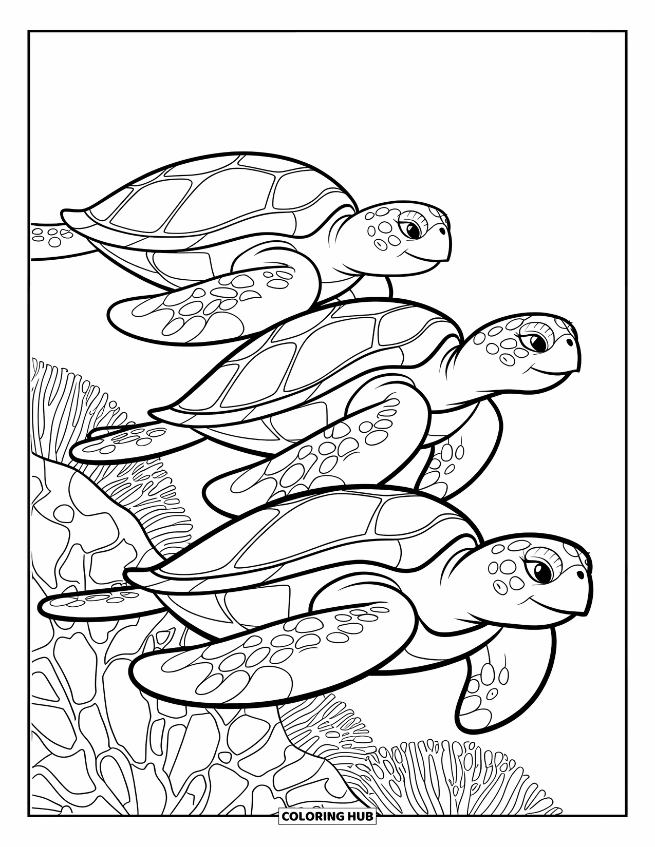 Hawaiiaanse kleurplaat voor kinderen: Zeeschildpadden die over levendig koraal in de oceaan glijden