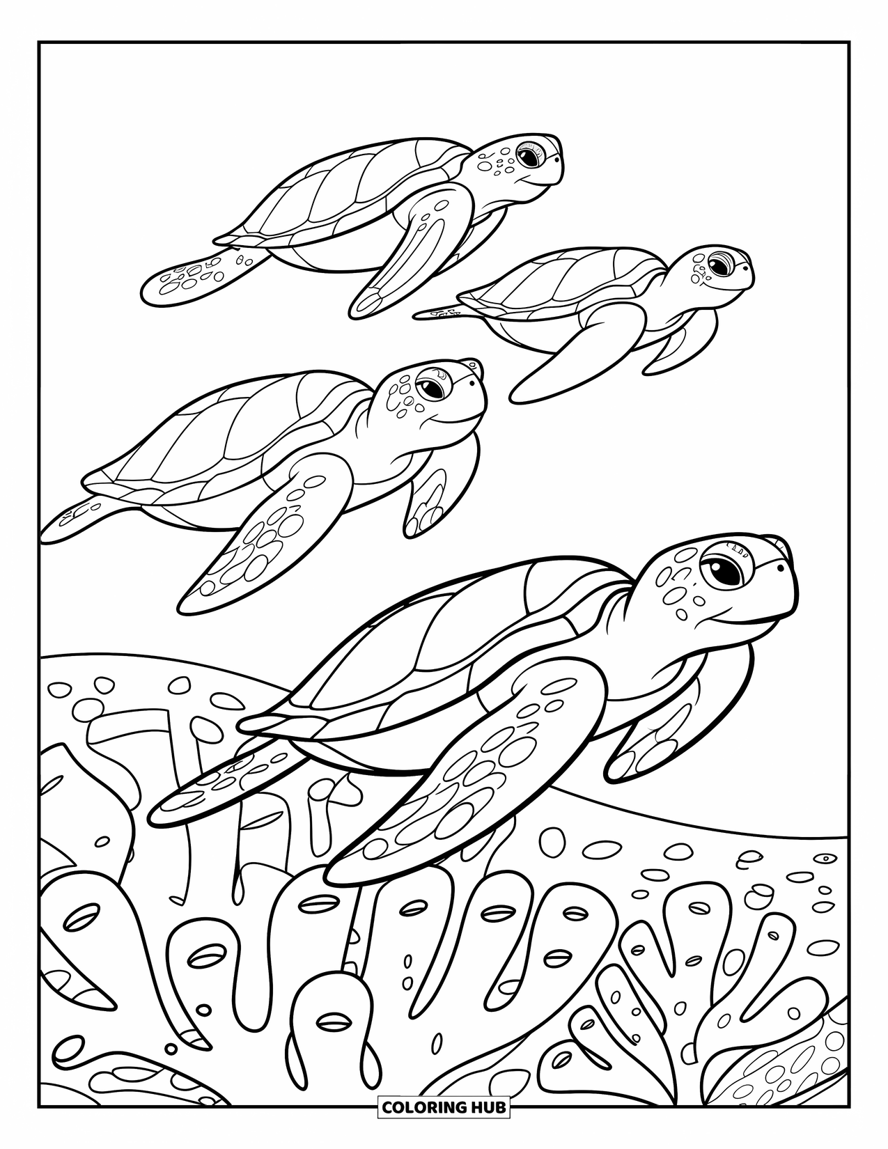 Hawaiiaanse kleurplaat voor kinderen: Zeeschildpadden met gedessineerde schilden boven Hawaiiaans koraal