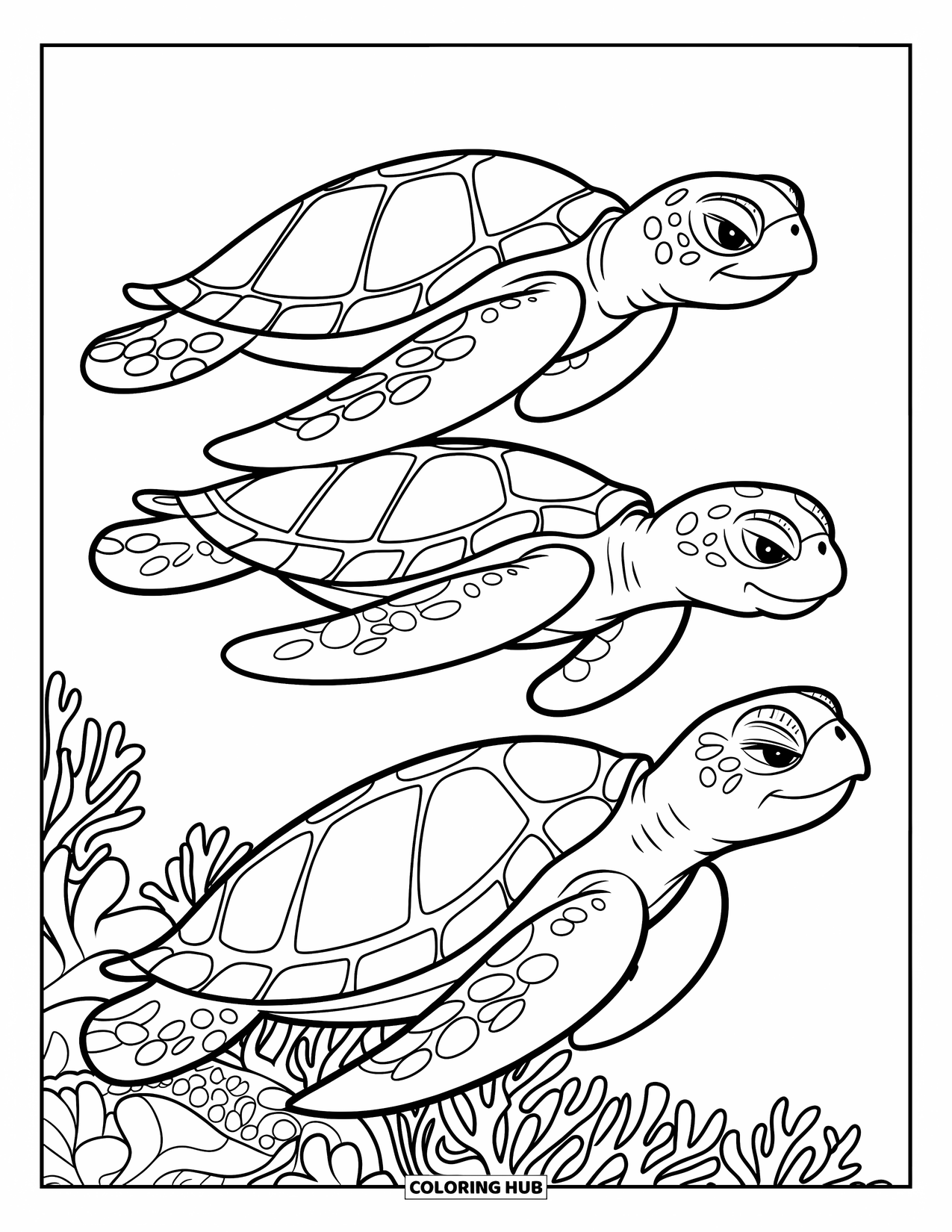 Hawaiiaanse kleurplaat voor kinderen: Drie zeeschildpadden die boven gedetailleerd Hawaiiaans koraal zwemmen
