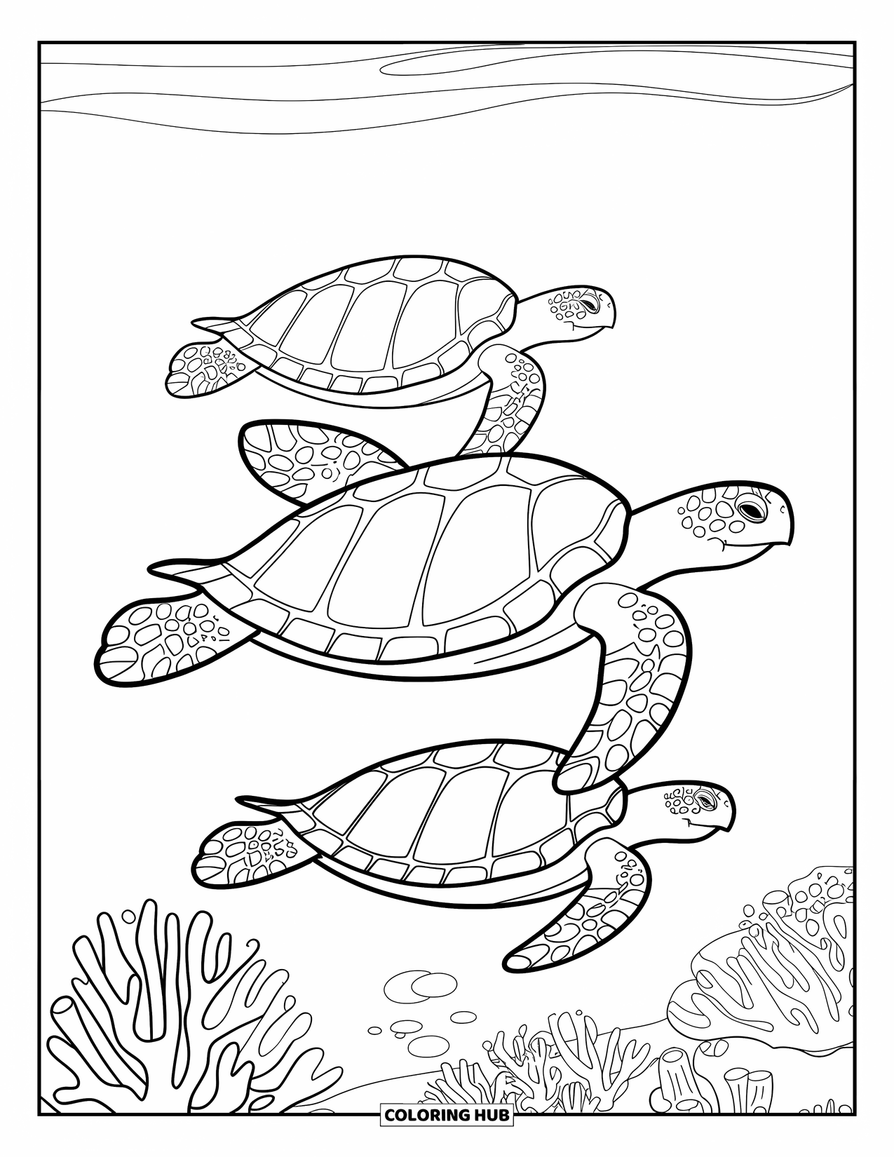 Hawaiiaanse kleurplaat voor kinderen: Drie schildpadden die zwemmen met gedetailleerd koraal eronder