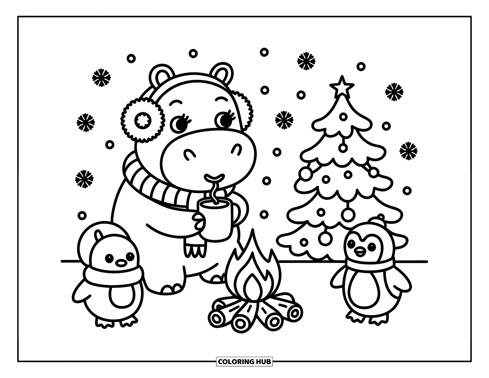 Kolorowanka z hipopotamem dla dorosłych: Otulony hipopotam popija kakao przy ognisku z pingwinem i świątecznym drzewem