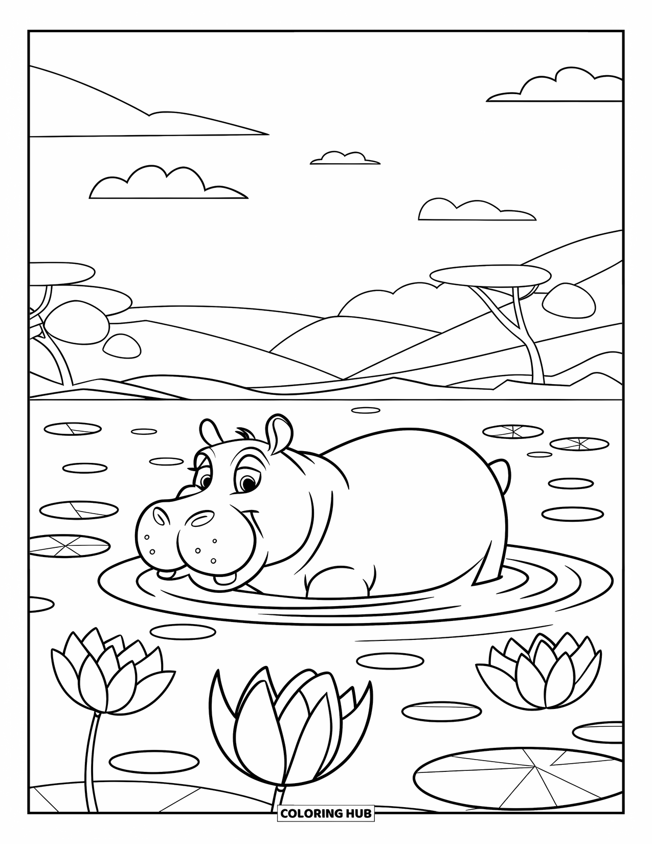 Kolorowanka z hipopotamem dla dorosłych: Spokojny hipopotam unosi się wśród płatków lotosu i fal pod miękkim, pochmurnym niebem