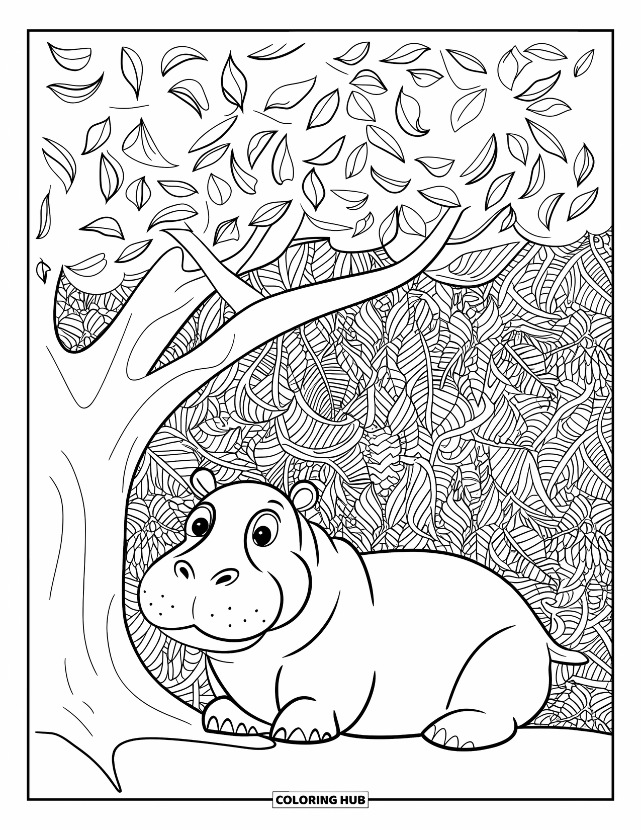 Kolorowanka z hipopotamem dla dorosłych: Spokojny hipopotam leży pod drzewem otoczonym wzorzystymi liśćmi