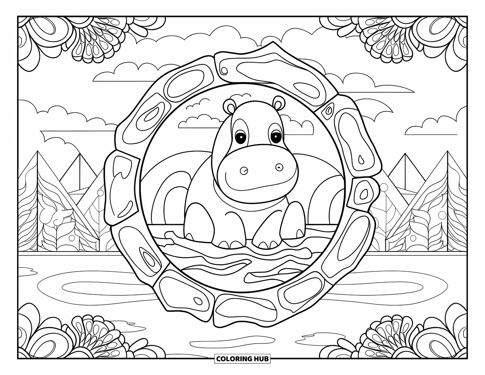 Kolorowanka z hipopotamem dla dorosłych: Spokojny hipopotam odpoczywa w wodzie z kwiatowymi obramowaniami i abstrakcyjnymi wzorami dookoła