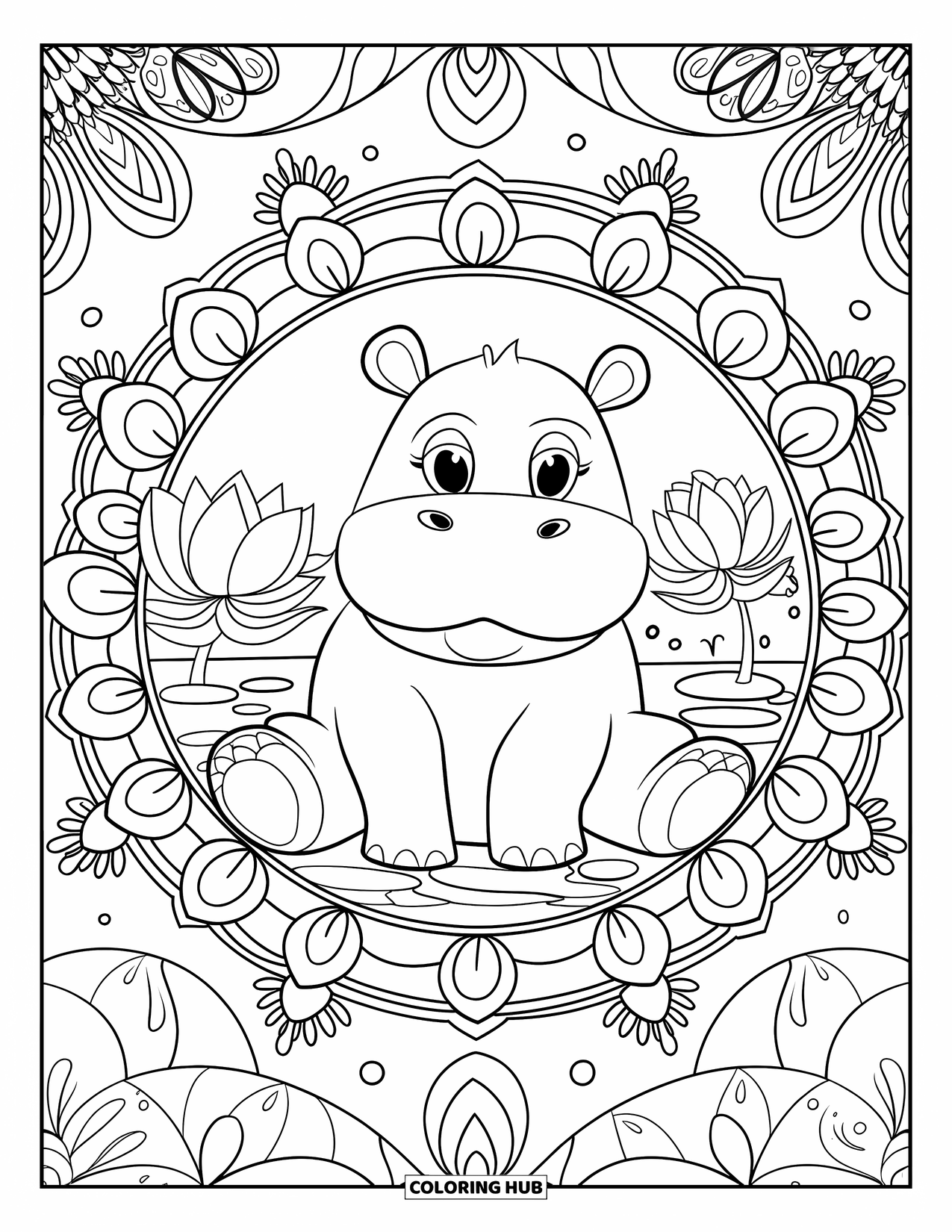 Kolorowanka z hipopotamem dla dorosłych: Spokojny hipopotam odpoczywa z kwiatami lotosu i tłem z kwiatowych mandali
