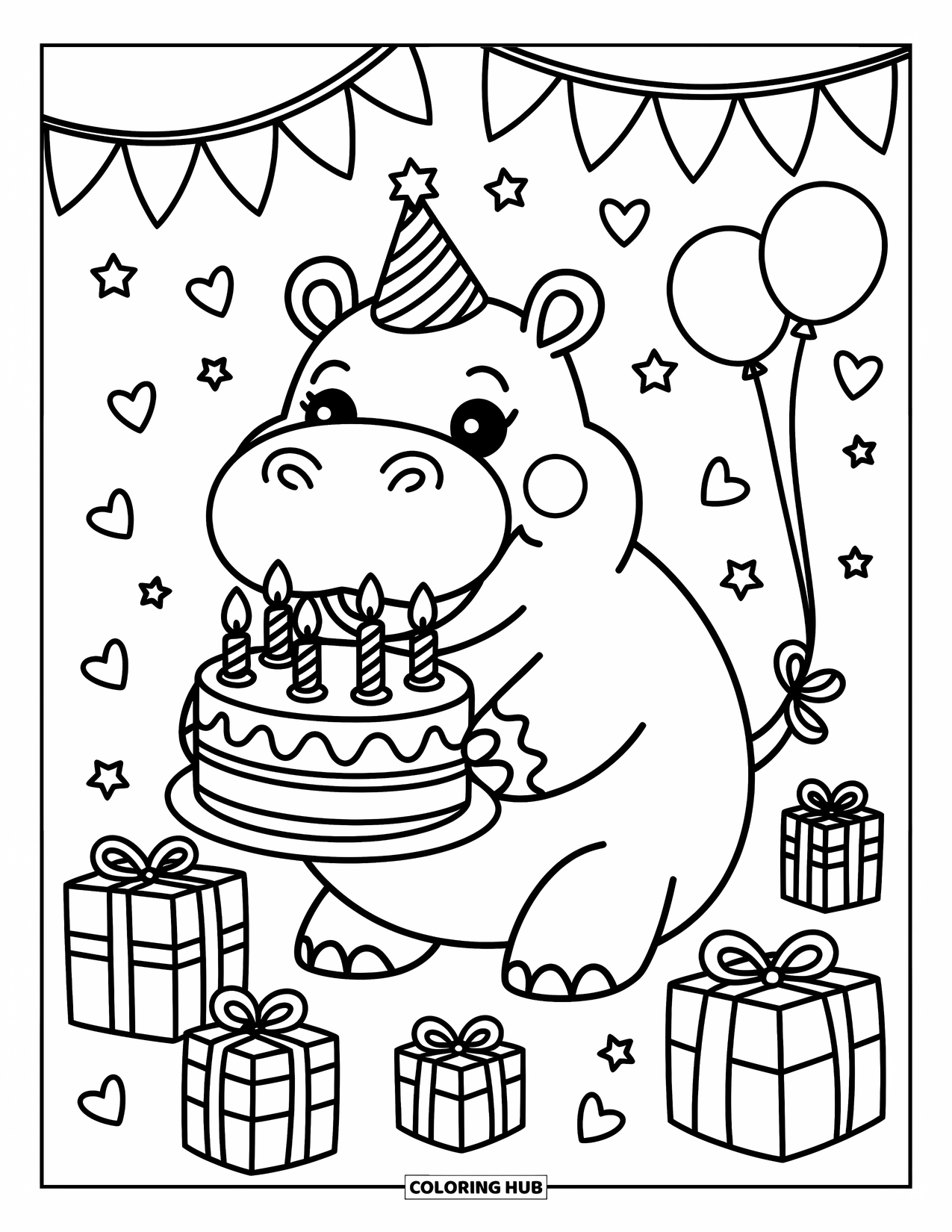 Kolorowanka z hipopotamem dla dorosłych: Wesoły hipopotam trzyma ciasto, otoczony prezentami, balonami i konfetti w kształcie serca