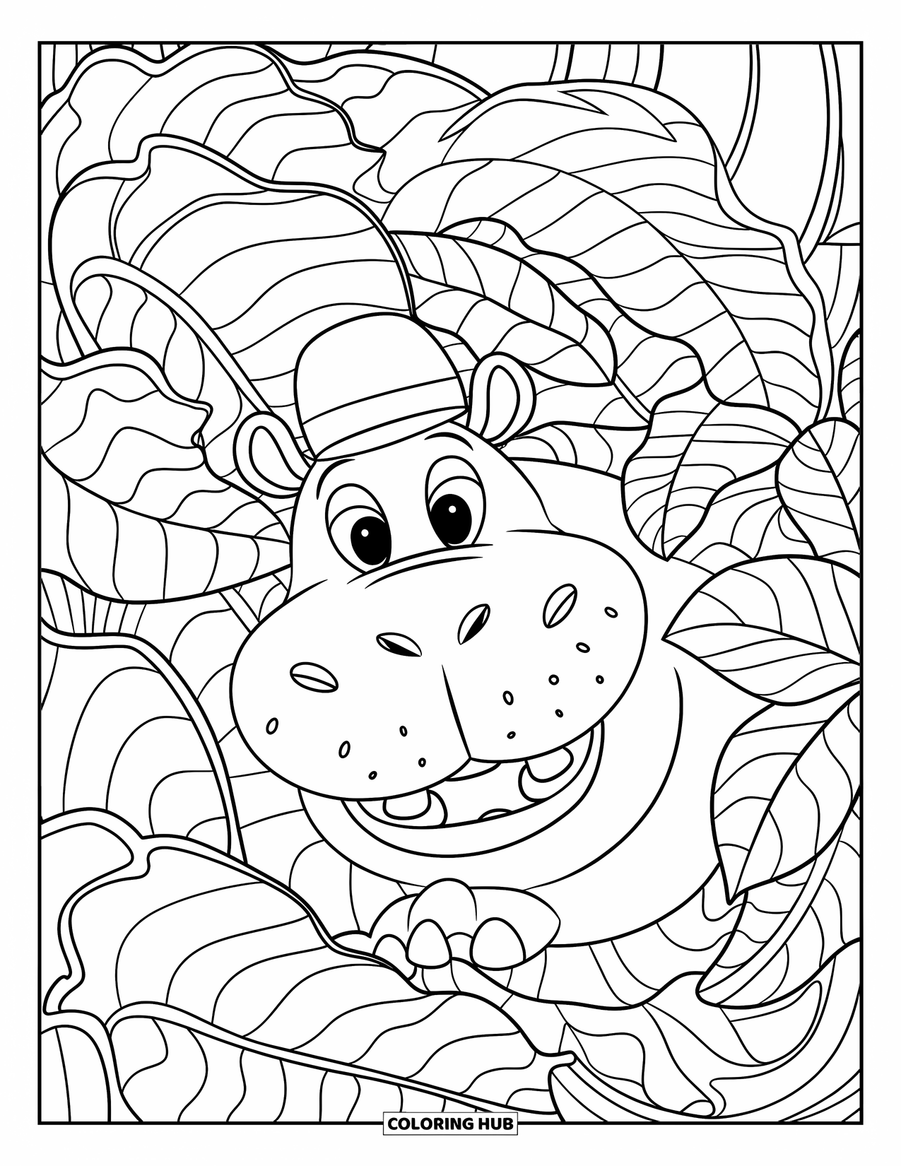 Kolorowanka z hipopotamem dla dorosłych: Radosny hipopotam w liściastym kapeluszu chowa się wśród bujnych liści dżungli
