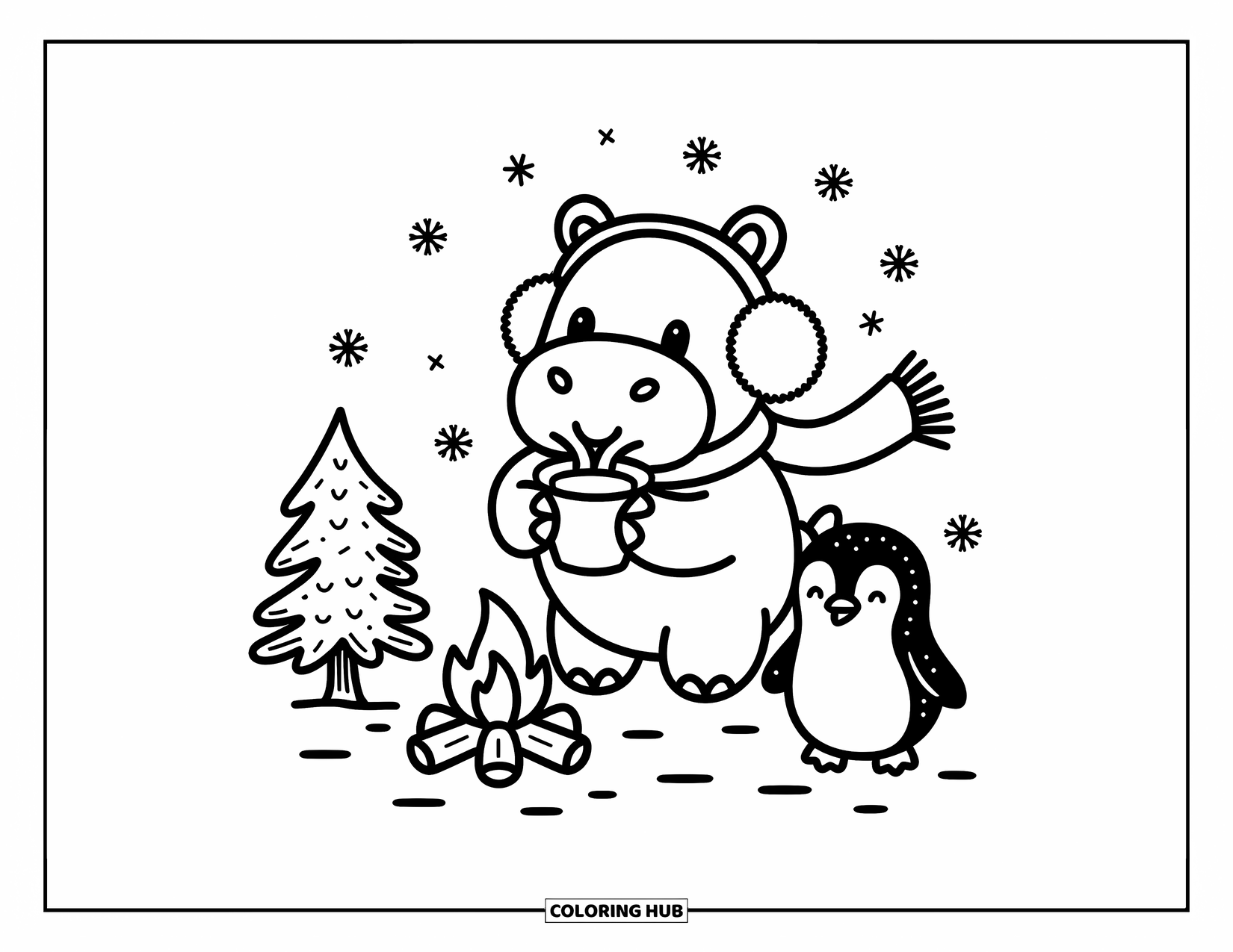 Kolorowanka z hipopotamem dla dorosłych: Przytulny hipopotam pije gorące kakao z pingwinem obok ośnieżonego drzewa