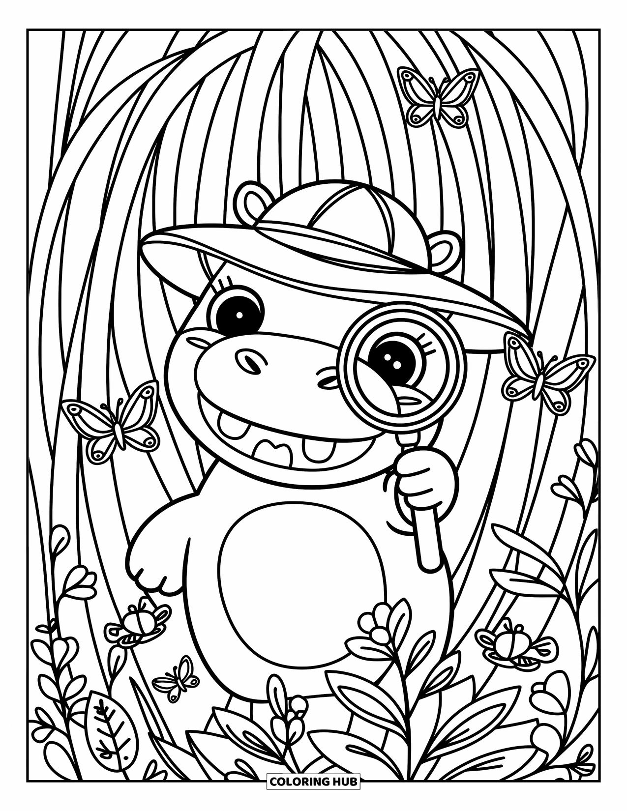 Kolorowanka z hipopotamem dla dorosłych: Ciekawy hipopotam w kapeluszu eksploruje dżunglę z robakami i motylami