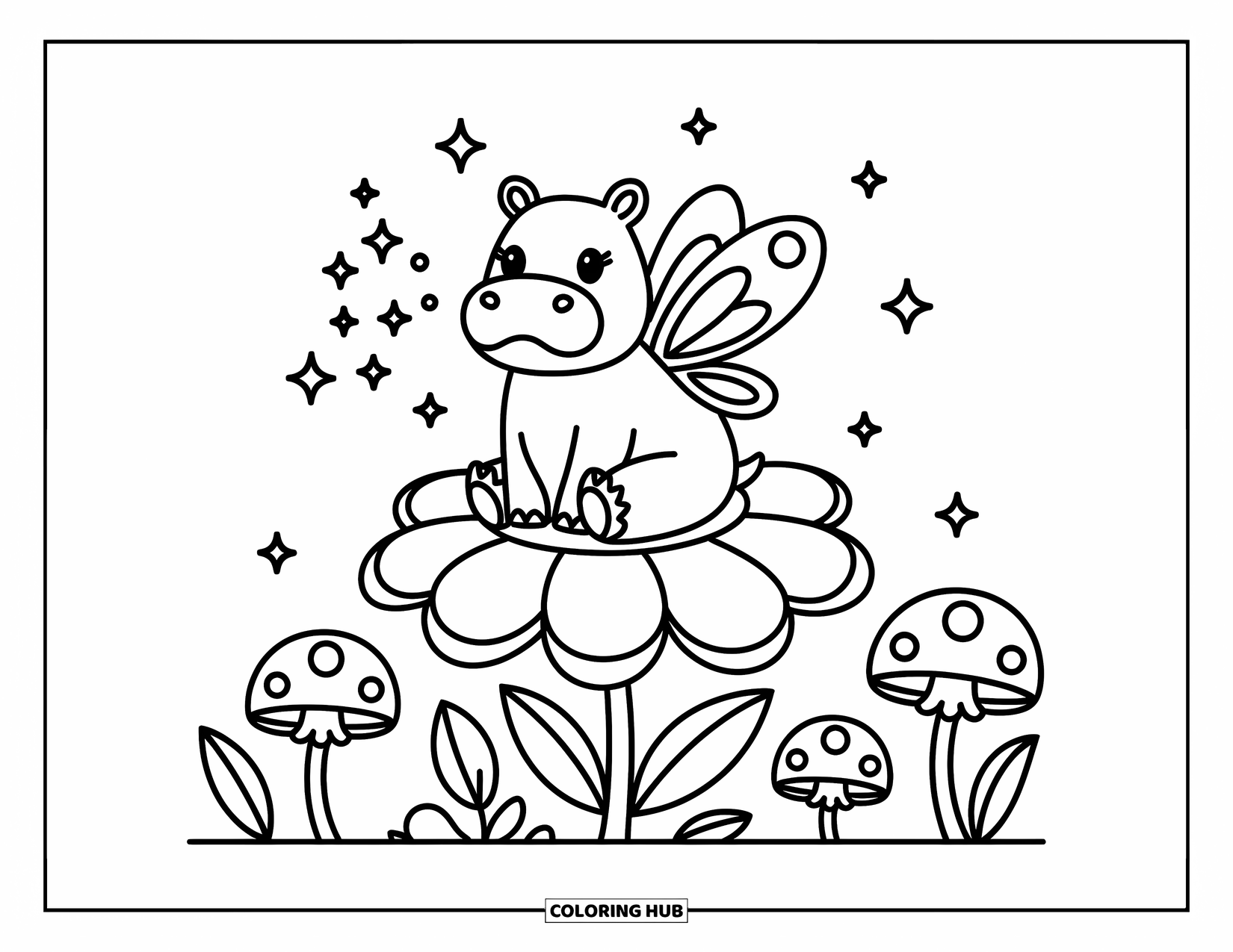 Kolorowanka z hipopotamem dla dorosłych: Hipopotam-wróżka na kwiatku rozsiewa iskierki wśród gwiazd i małych grzybków