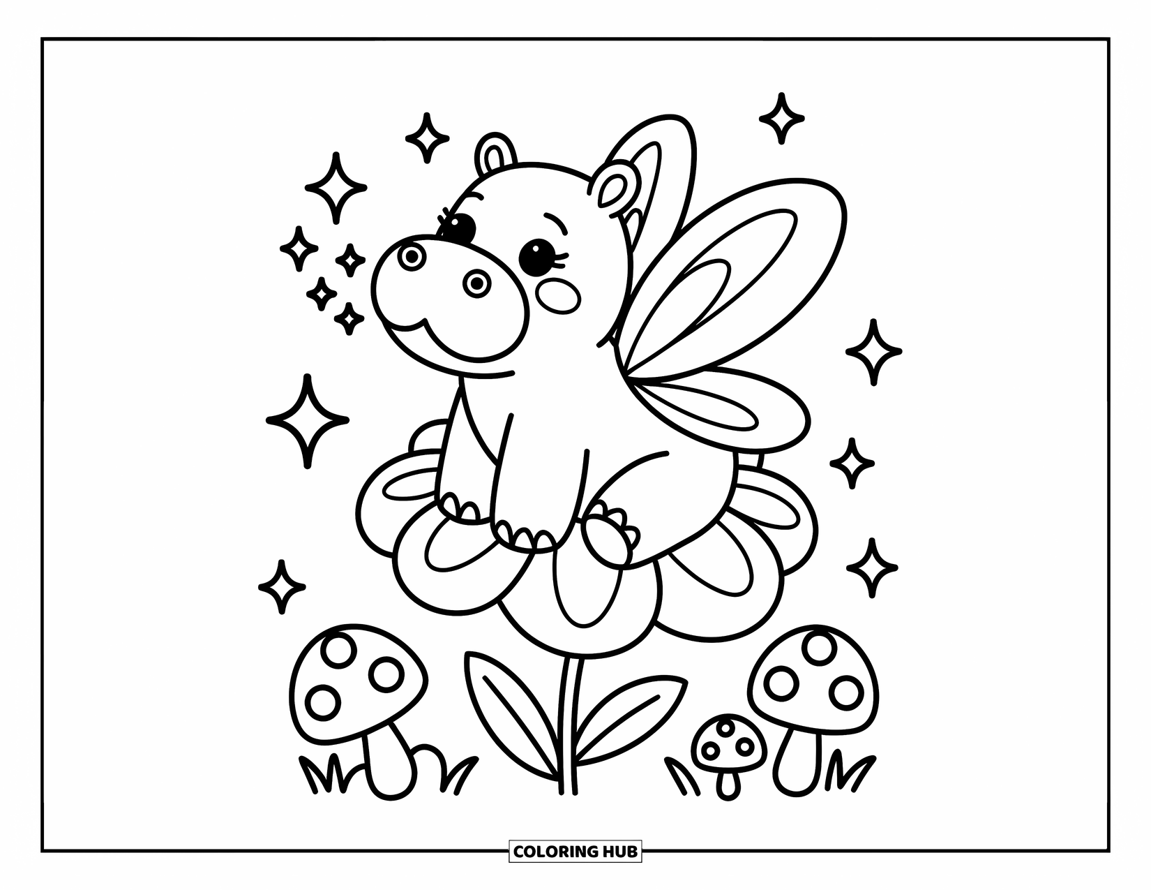 Kolorowanka z hipopotamem dla dorosłych: Hipopotam ze skrzydłami wróżki siedzi na kwiatku, dmuchając iskierkami w gwiaździste niebo