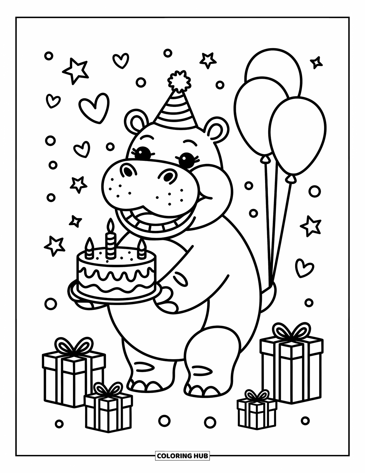 Kolorowanka z hipopotamem dla dorosłych: Świąteczny hipopotam trzyma ciasto z balonami i konfetti w kształcie gwiazd unoszącymi się dookoła