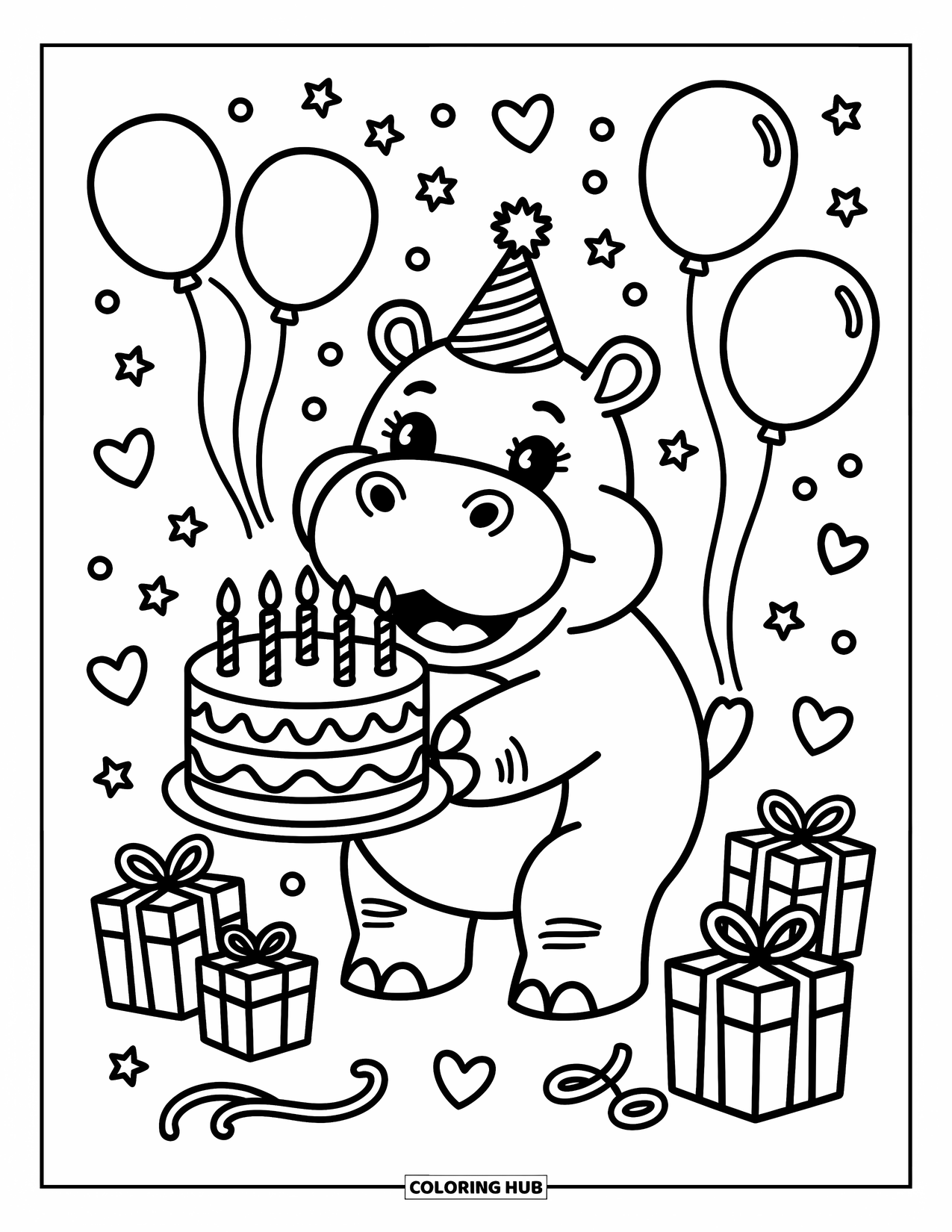 Kolorowanka z hipopotamem dla dorosłych: Szczęśliwy hipopotam świętuje z ciastem, balonami i drobnym konfetti w kształcie serca