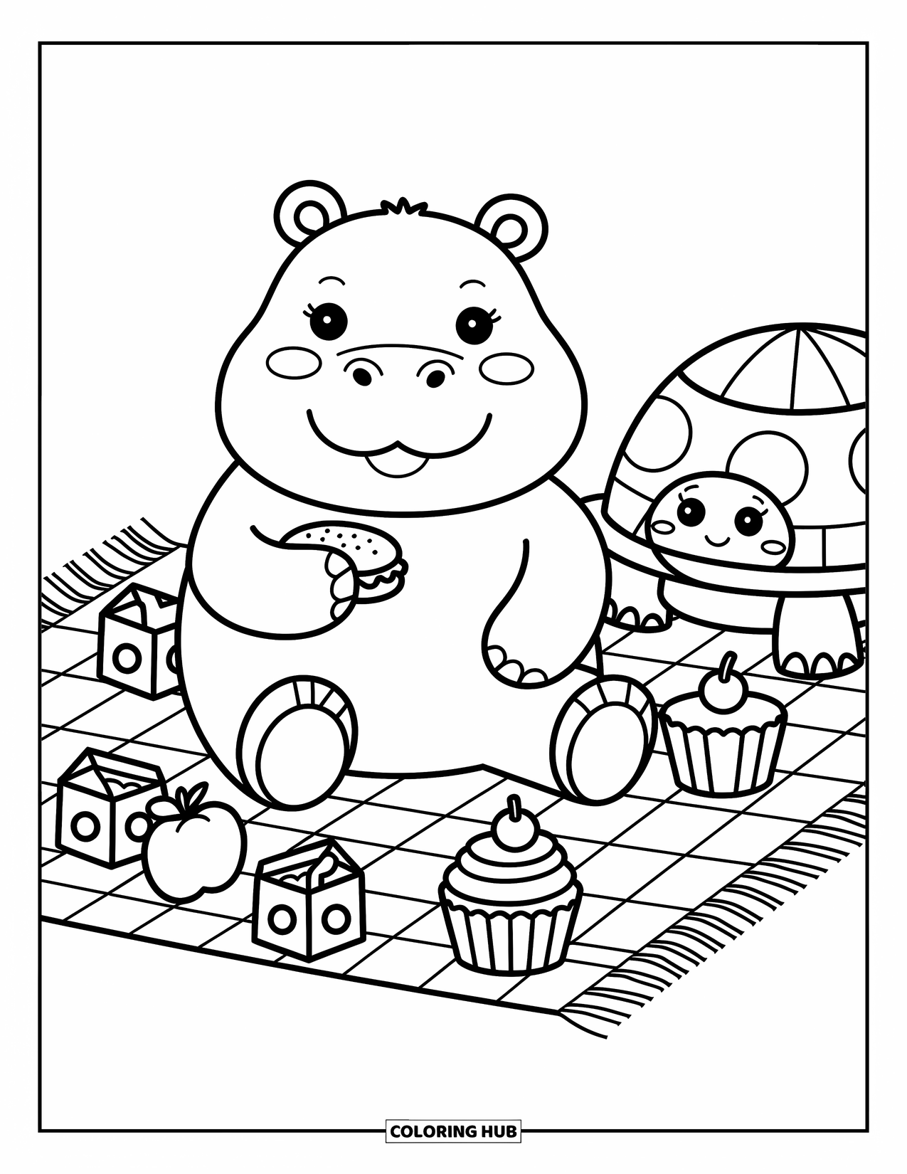 Kolorowanka z hipopotamem dla dorosłych: Szczęśliwy hipopotam przekąsza na pikniku z uśmiechniętym żółwiem i małymi smakołykami