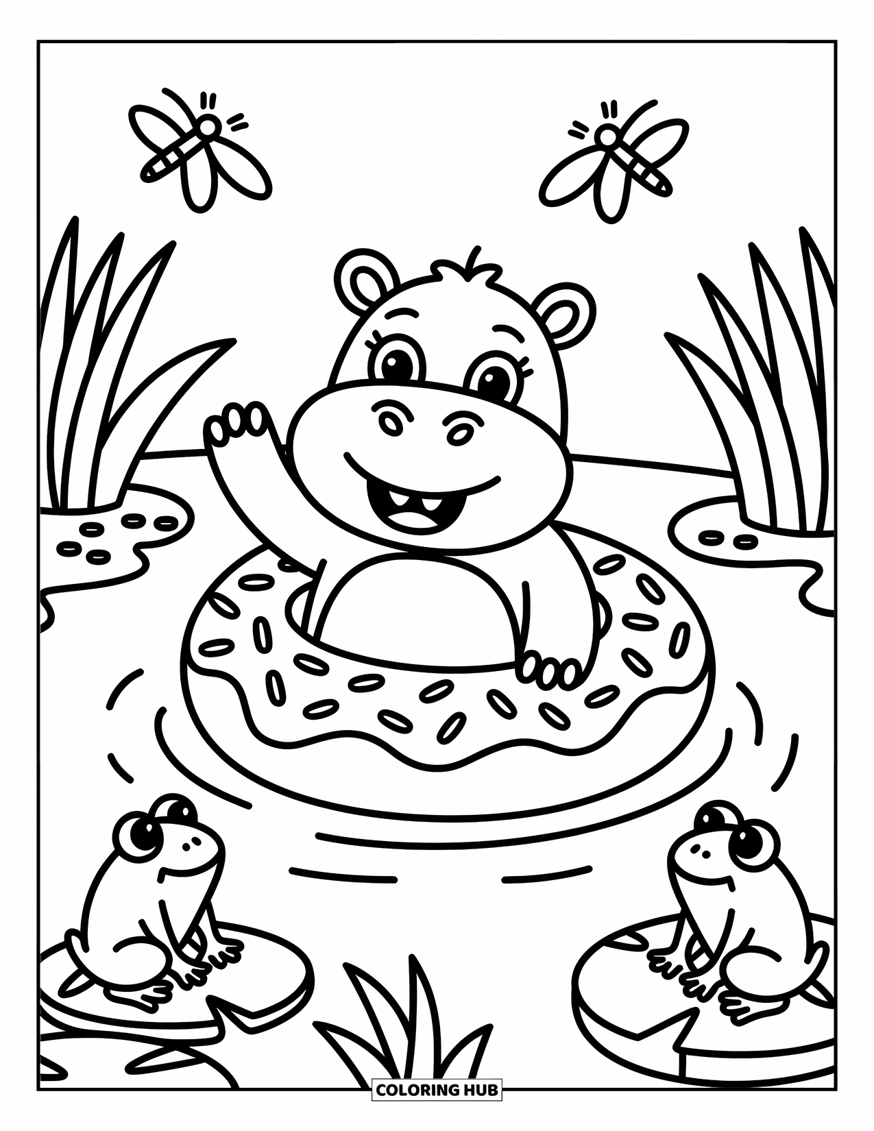 Kolorowanka z hipopotamem dla dorosłych: Hipopotam unosi się na dmuchanym kole w kształcie pączka, a żaby i ważki bawią się w pobliżu