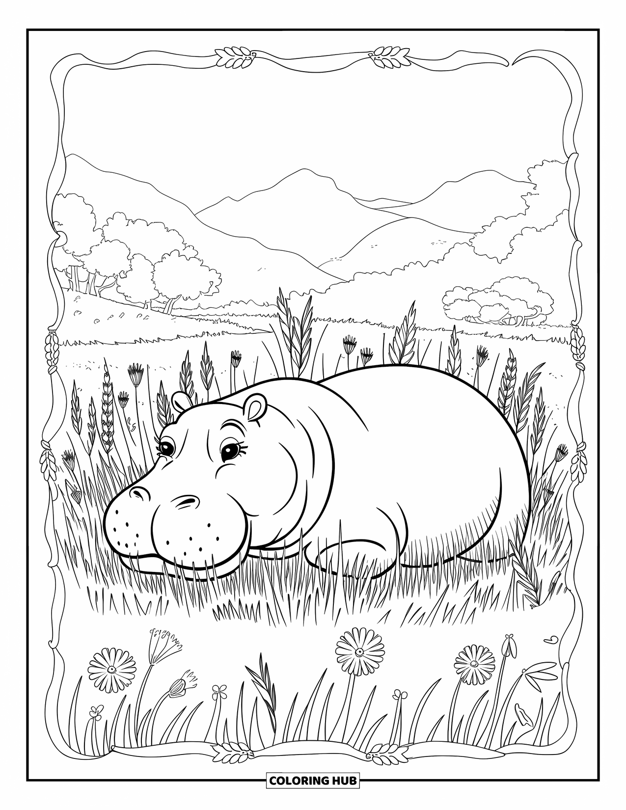 Kolorowanka z hipopotamem dla dorosłych: Hipopotam leży na łące wysokiej trawy i polnych kwiatów z delikatnymi wzorami