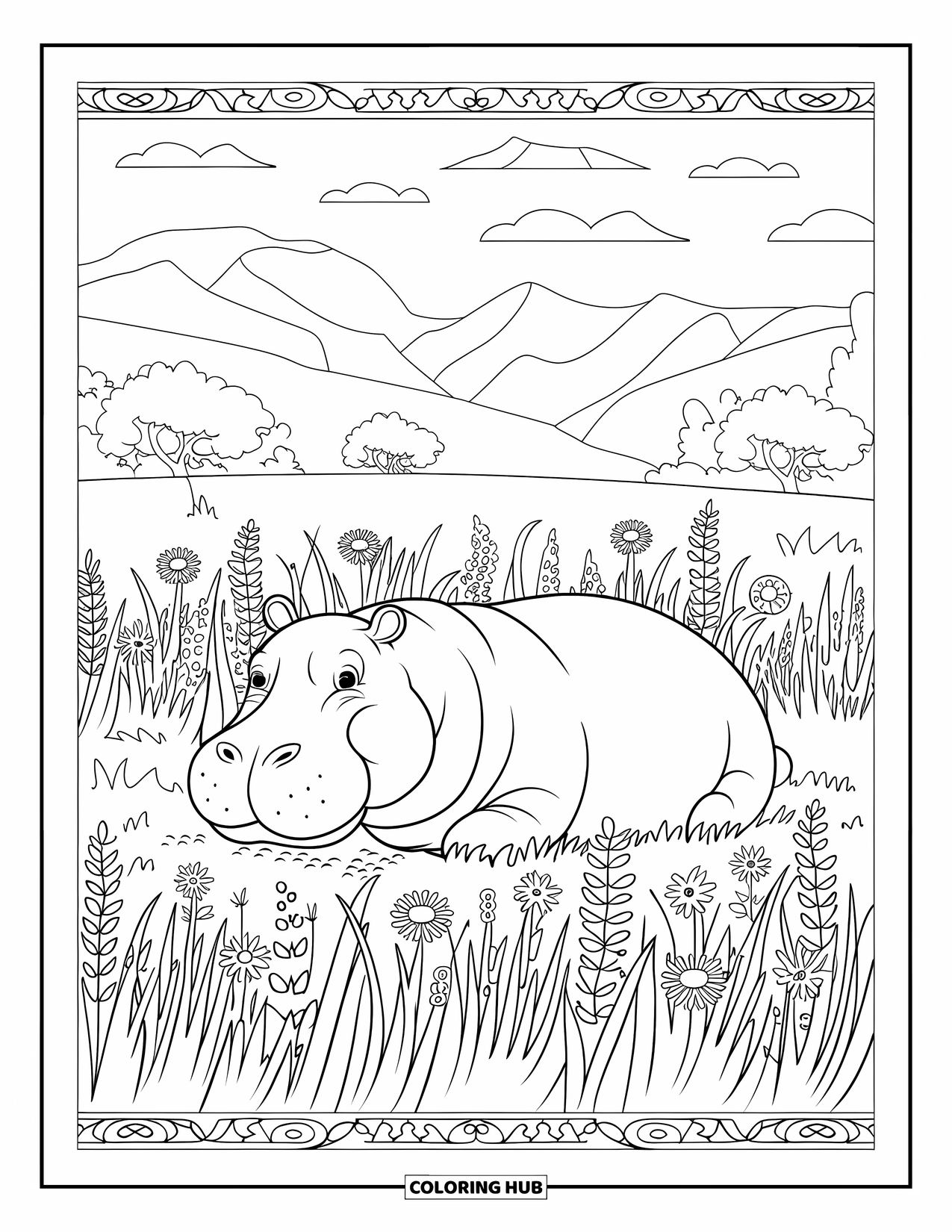 Kolorowanka z hipopotamem dla dorosłych: Hipopotam ucina sobie drzemkę na kwiatowej łące ze wzorami, drzewami i czystym niebem