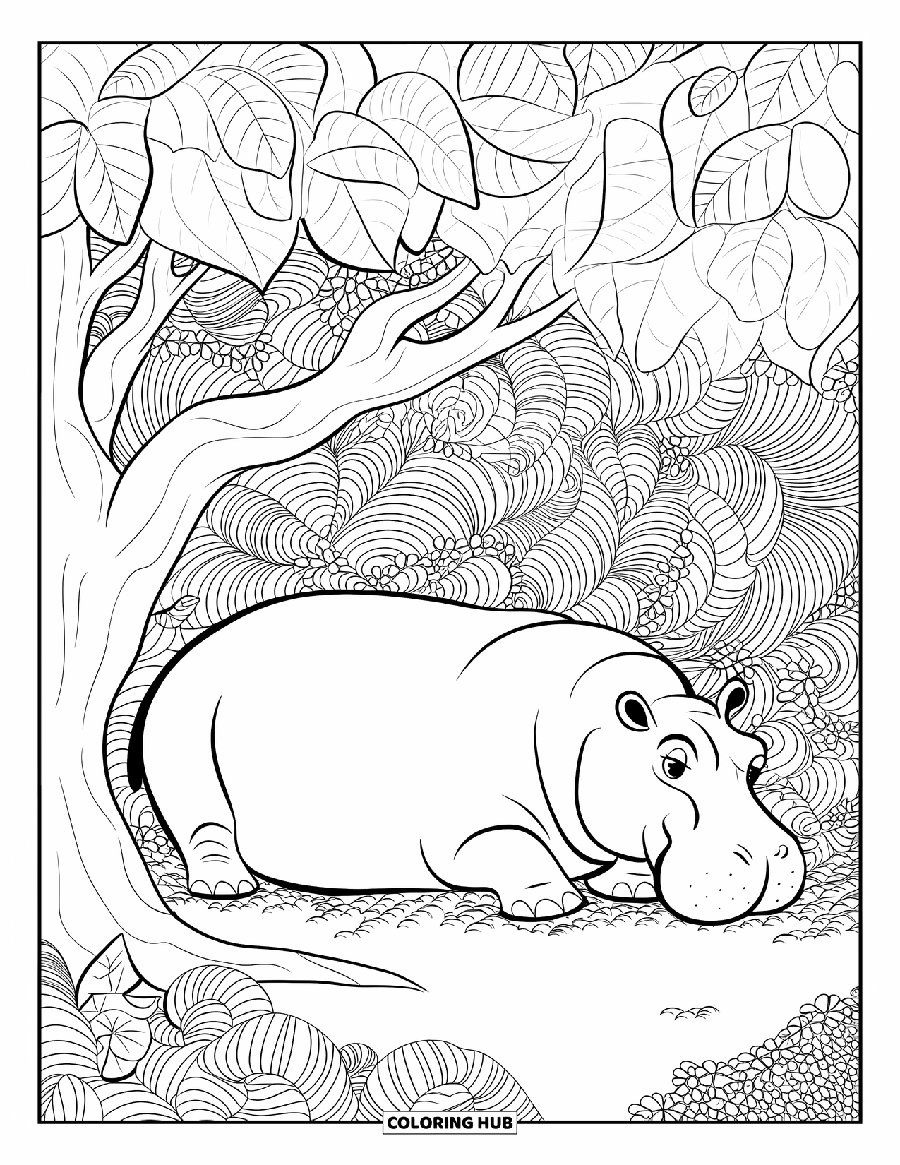 Kolorowanka z hipopotamem dla dorosłych: Hipopotam ucina sobie drzemkę pod drzewem otoczonym delikatnymi liśćmi i wijącymi się pnączami
