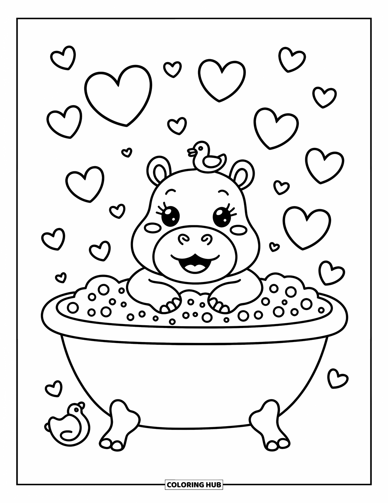 Kolorowanka z hipopotamem dla dorosłych: Hipopotam relaksuje się w bąbelkowej wannie z kaczką na głowie i pływającymi zabawkami