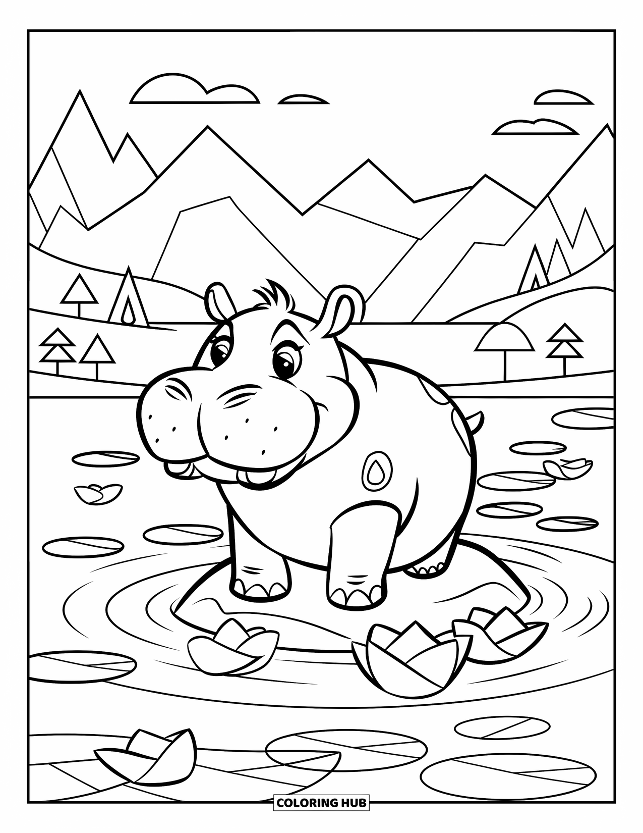 Kolorowanka z hipopotamem dla dorosłych: Hipopotam relaksuje się na skale z unoszącymi się płatkami i drzewami w tle