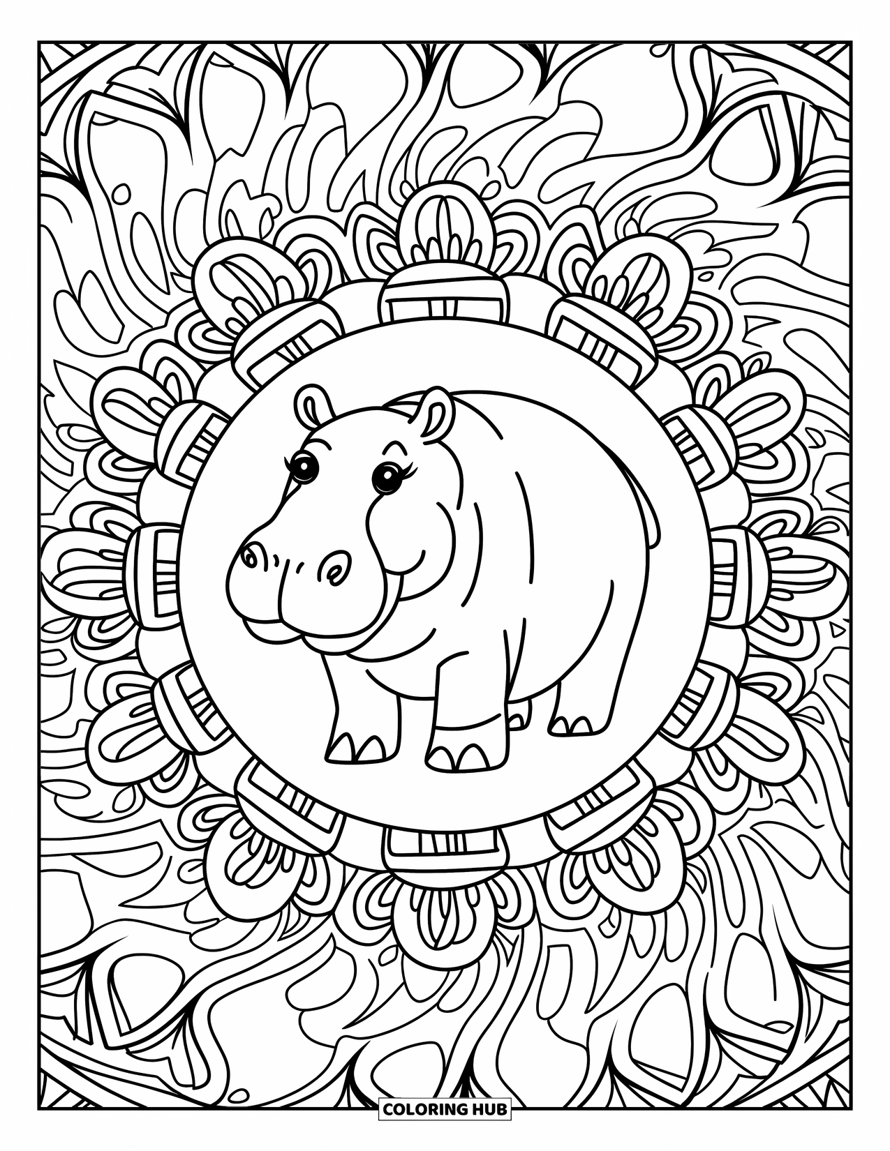 Kolorowanka z hipopotamem dla dorosłych: Hipopotam spokojnie odpoczywa wewnątrz okręgu skomplikowanych, powtarzających się kształtów zentangle