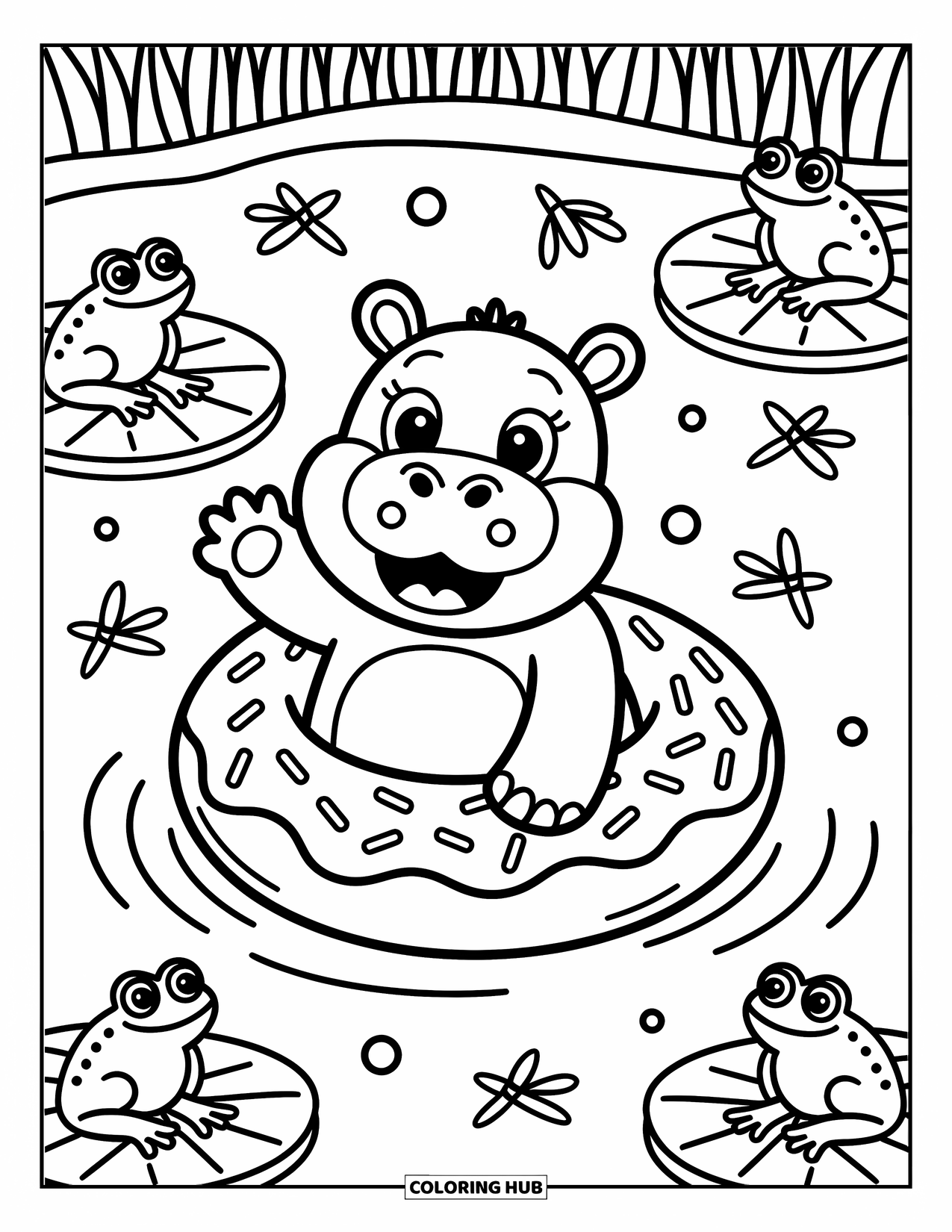 Kolorowanka z hipopotamem dla dorosłych: Hipopotam jeździ na dmuchanym kole w kształcie pączka, a żaby i ważki relaksują się na liliach wodnych