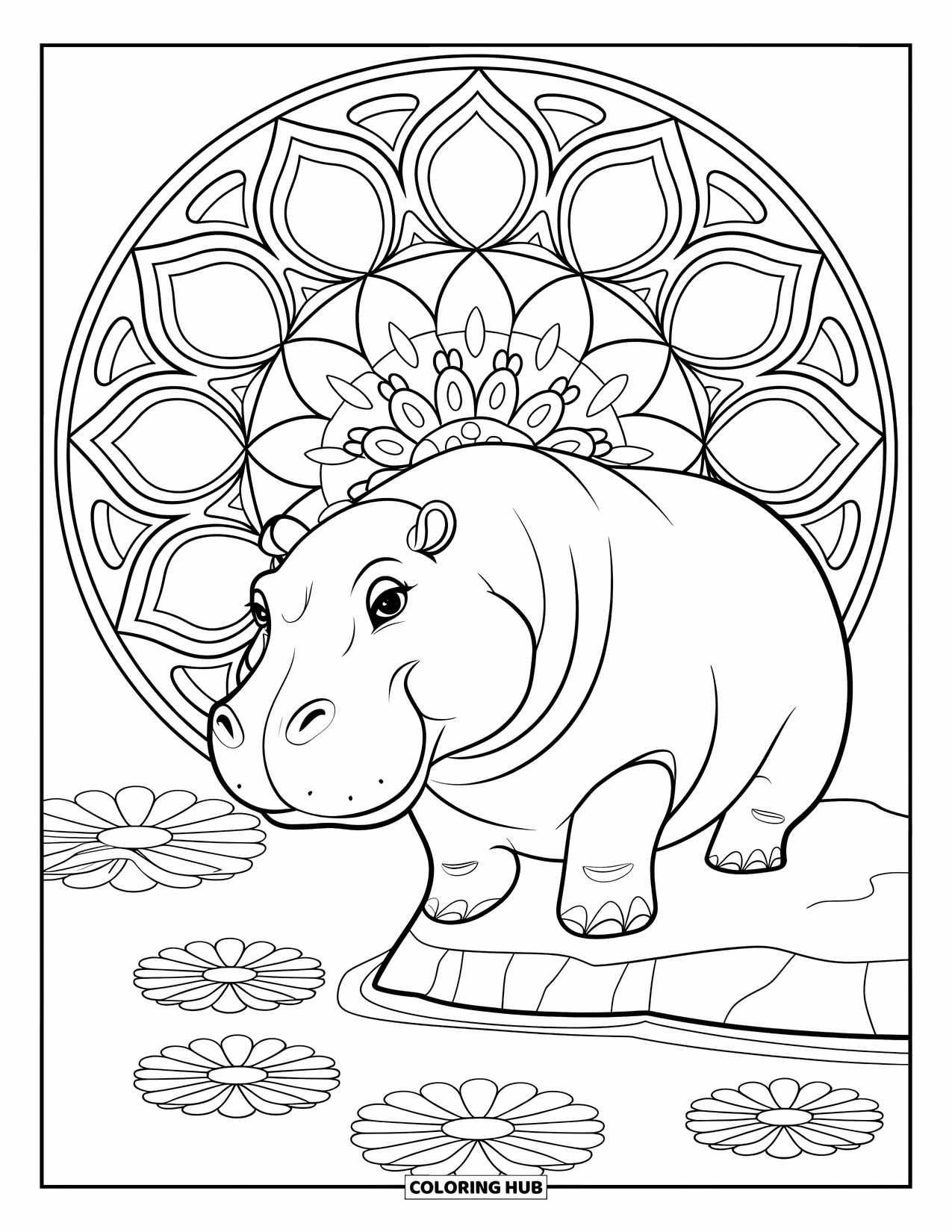 Kolorowanka z hipopotamem dla dorosłych: Hipopotam siedzi blisko wody otoczony mandalami, kwiatami i delikatnymi kształtami