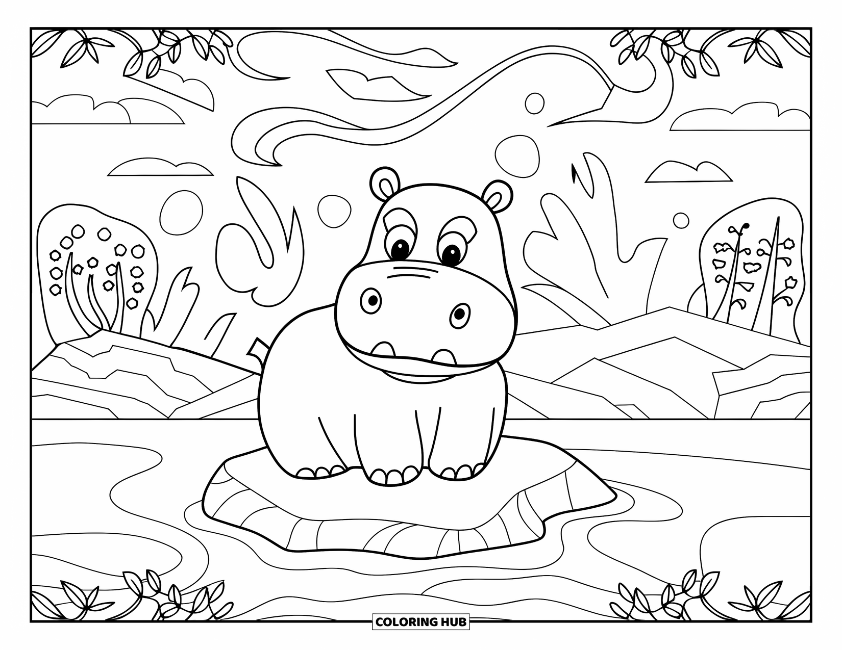 Kolorowanka z hipopotamem dla dorosłych: Hipopotam siedzi na skale, otoczony kwiatami, kształtami i spokojnym widokiem na góry