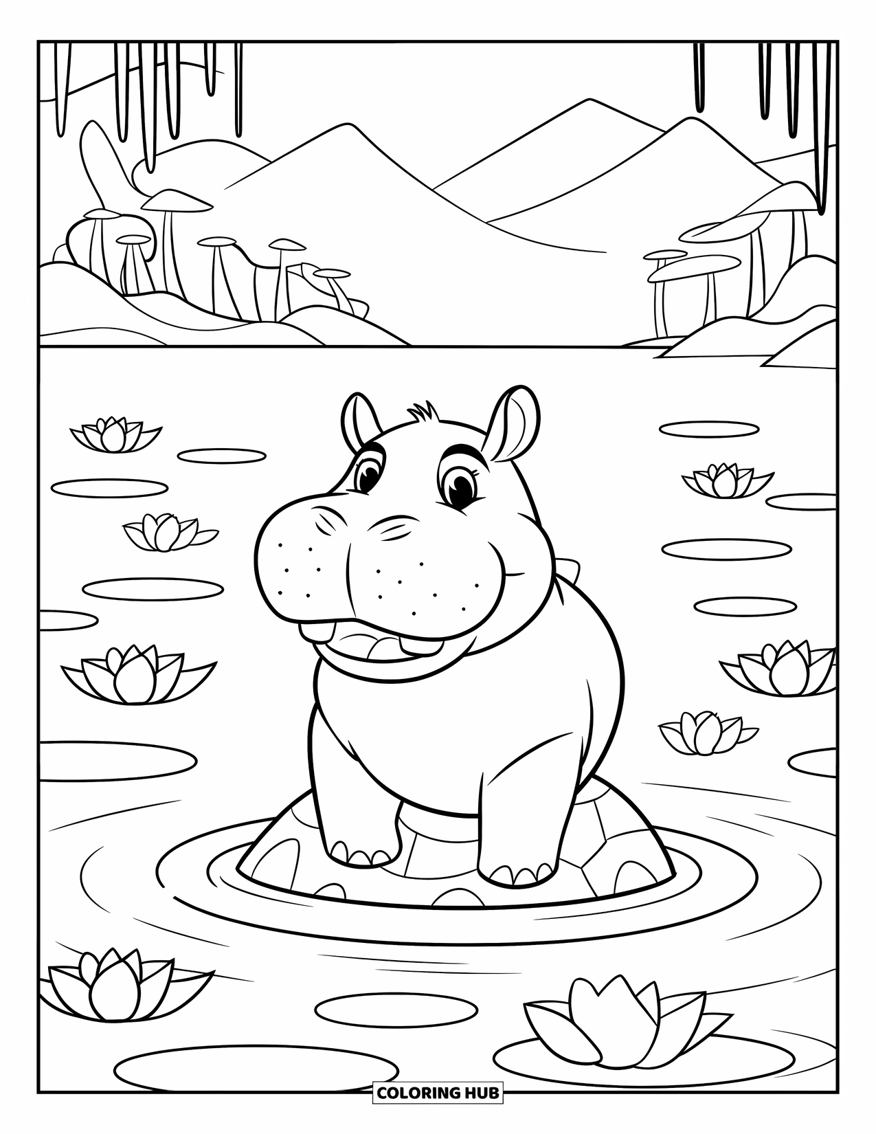 Kolorowanka z hipopotamem dla dorosłych: Hipopotam siedzi na skale, otoczony płatkami lotosu i spokojnymi falami jeziora