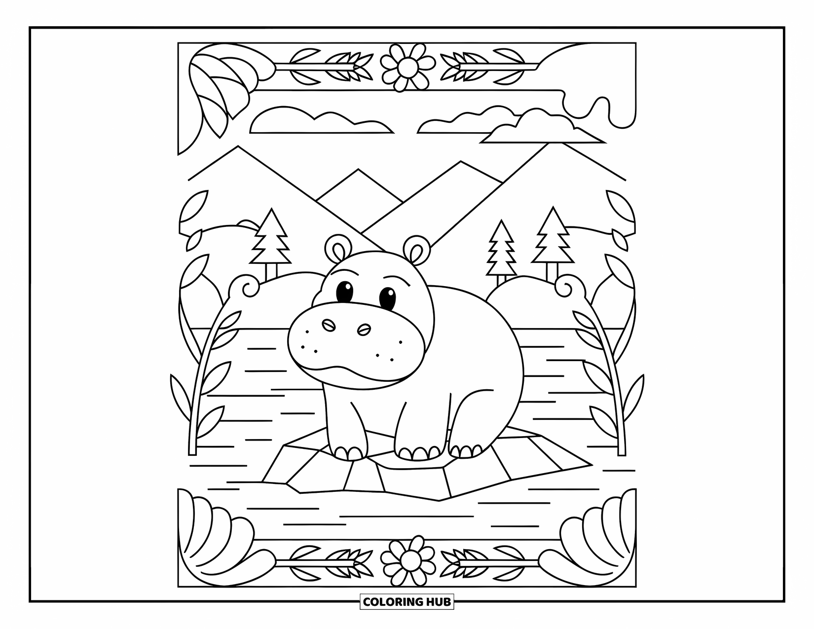 Kolorowanka z hipopotamem dla dorosłych: Hipopotam siedzi spokojnie w wodzie z drzewami, górami i kwiatową ramą