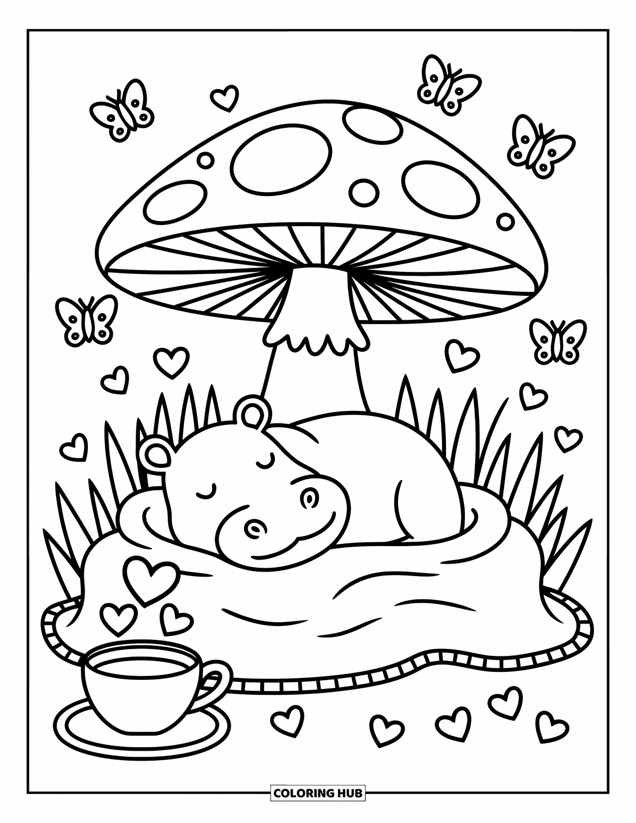 Kolorowanka z hipopotamem dla dorosłych: Hipopotam otulony kocem śpi pod grzybem z motylami i herbatą