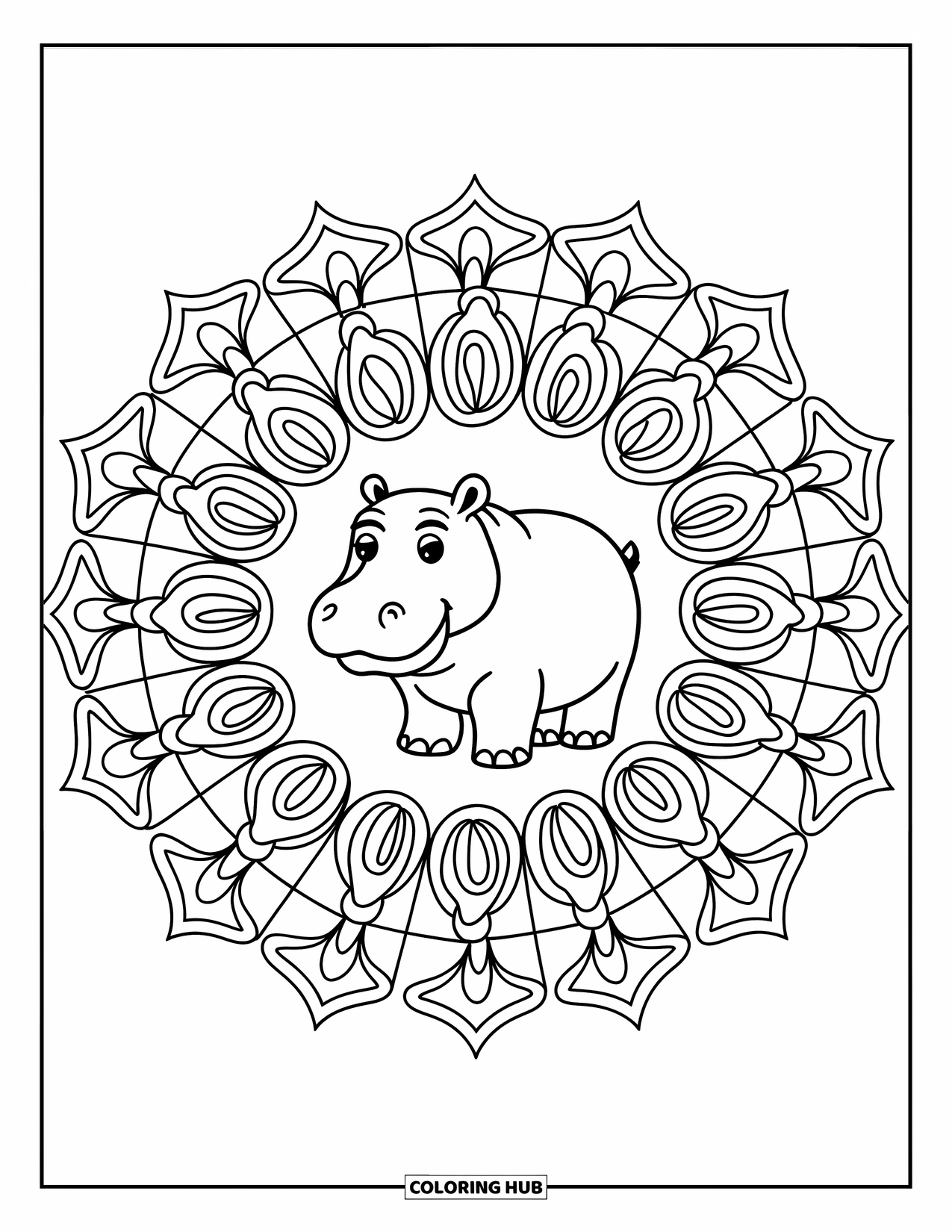 Kolorowanka z hipopotamem dla dorosłych: Hipopotam z dużymi oczami jest otoczony wirującymi kształtami i liniami zentangle