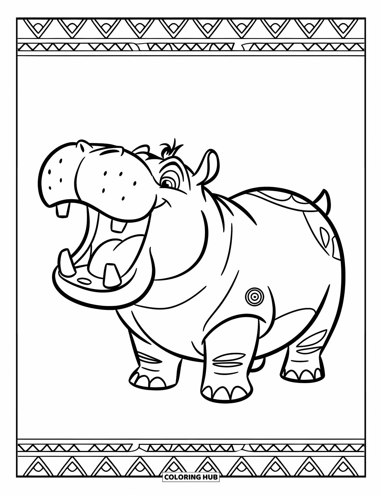 Kolorowanka z hipopotamem dla dorosłych: Majestatyczny hipopotam stoi dumnie wśród plemiennych wzorów i wyrazistych obramowań