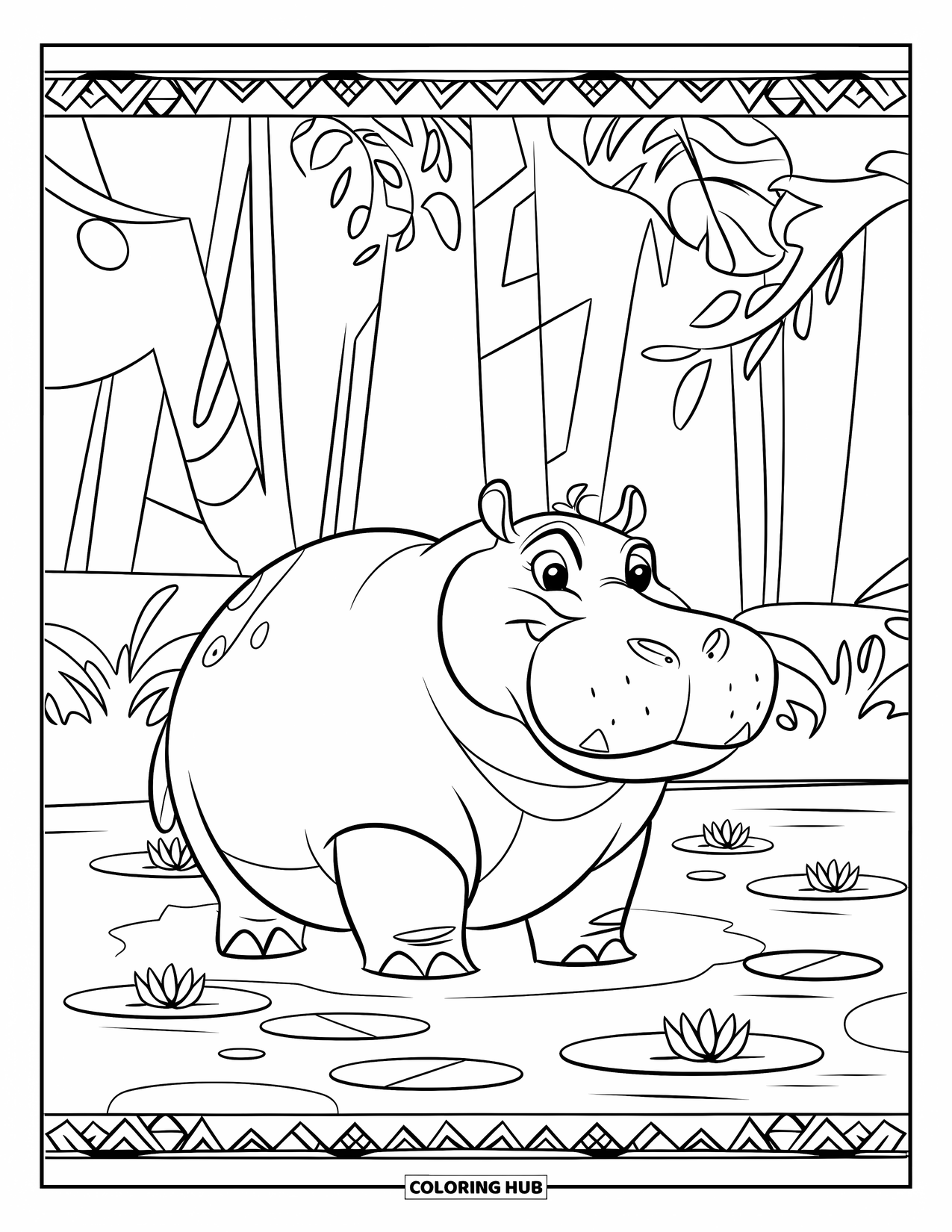 Kolorowanka z hipopotamem dla dorosłych: Szlachetny hipopotam siedzi spokojnie z liliami wodnymi i dekoracyjnymi motywami plemiennymi