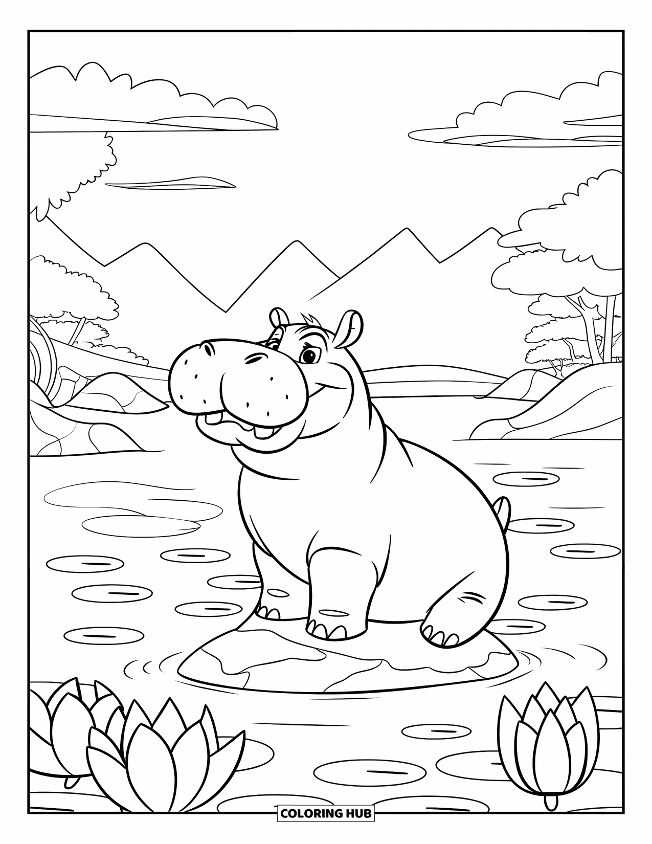 Kolorowanka z hipopotamem dla dorosłych: Spokojny hipopotam odpoczywa w jeziorze z płatkami lotosu i łagodną górską scenerią