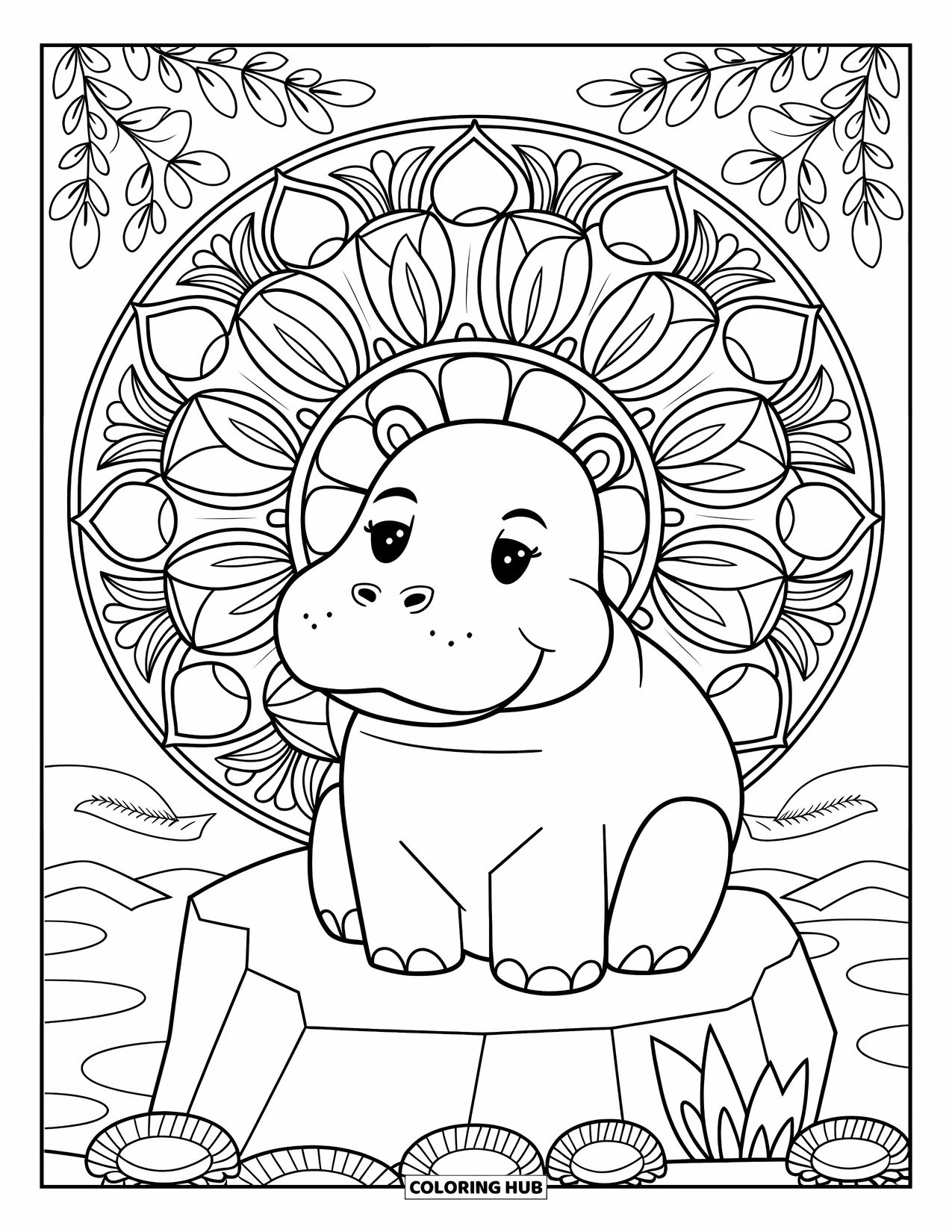 Kolorowanka z hipopotamem dla dorosłych: Spokojny hipopotam siedzi na skale otoczony kwiatowym wzorem mandali