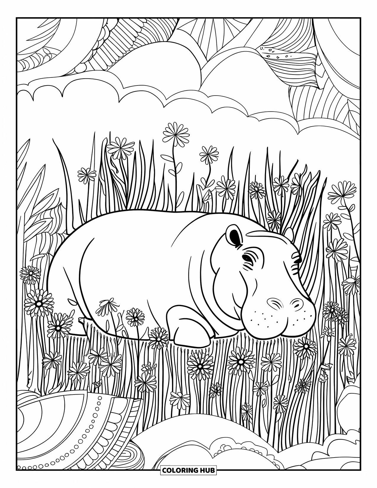 Kolorowanka z hipopotamem dla dorosłych: Zrelaksowany hipopotam odpoczywa w polnych kwiatach otoczony uspokajającymi wzorami i obramowaniami