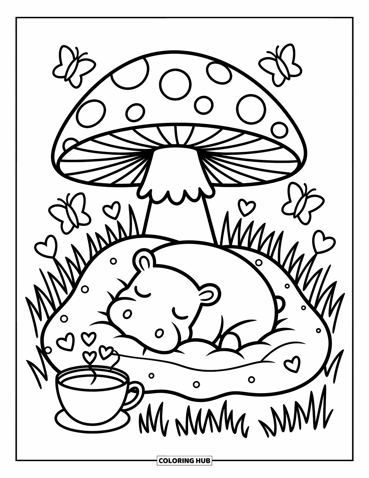 Kolorowanka z hipopotamem dla dorosłych: Śpiący hipopotam ucina sobie drzemkę pod grzybowym kocem z motylami i ciepłym napojem