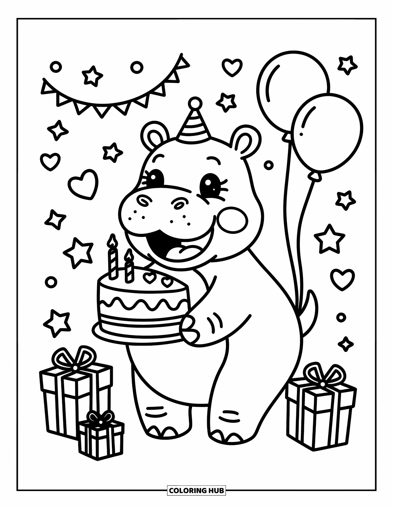 Kolorowanka z hipopotamem dla dorosłych: Uśmiechnięty hipopotam zajada ciasto z balonami, prezentami oraz pływającymi sercami i gwiazdami