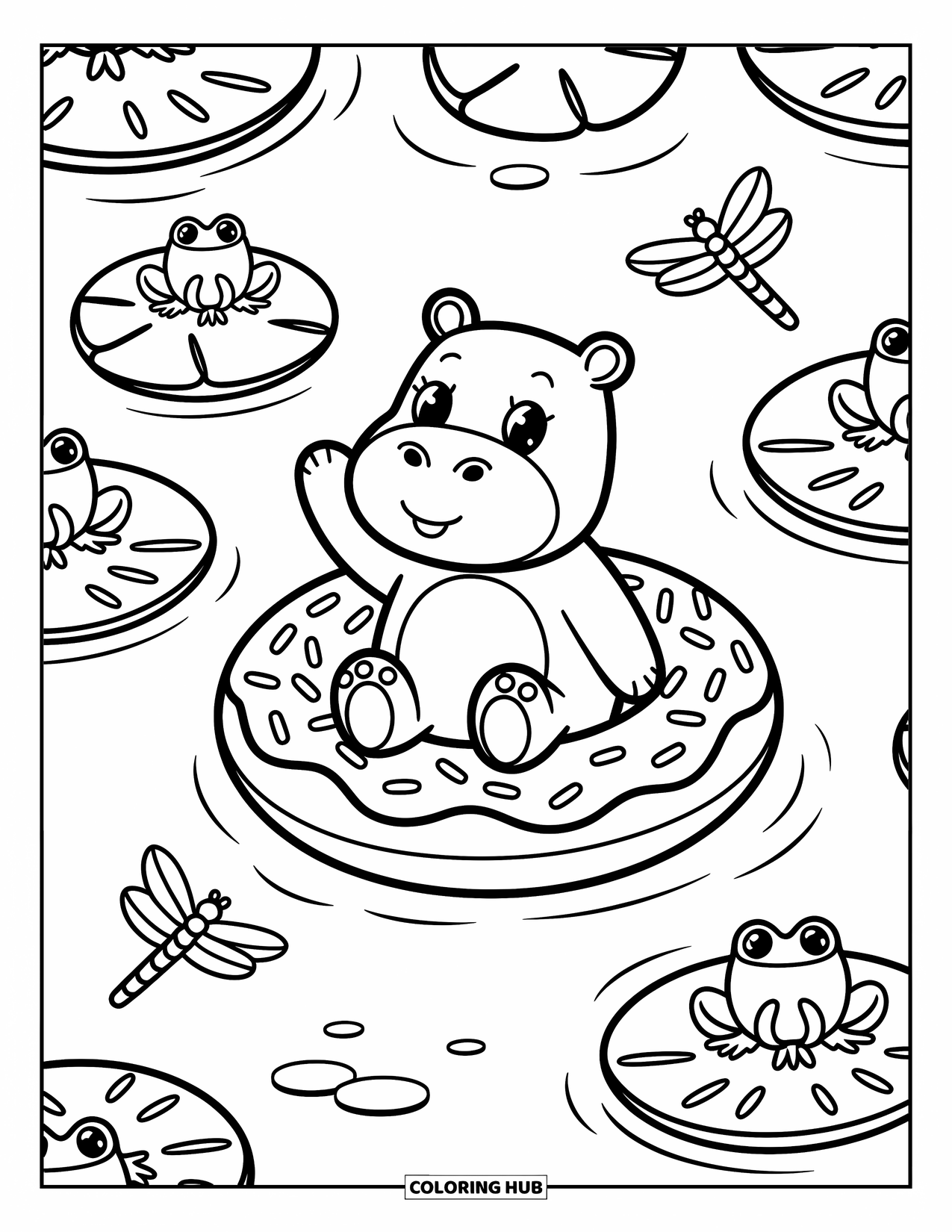 Kolorowanka z hipopotamem dla dorosłych: Uśmiechnięty hipopotam unosi się w stawie, a żaby siedzą na liliach wodnych w pobliżu