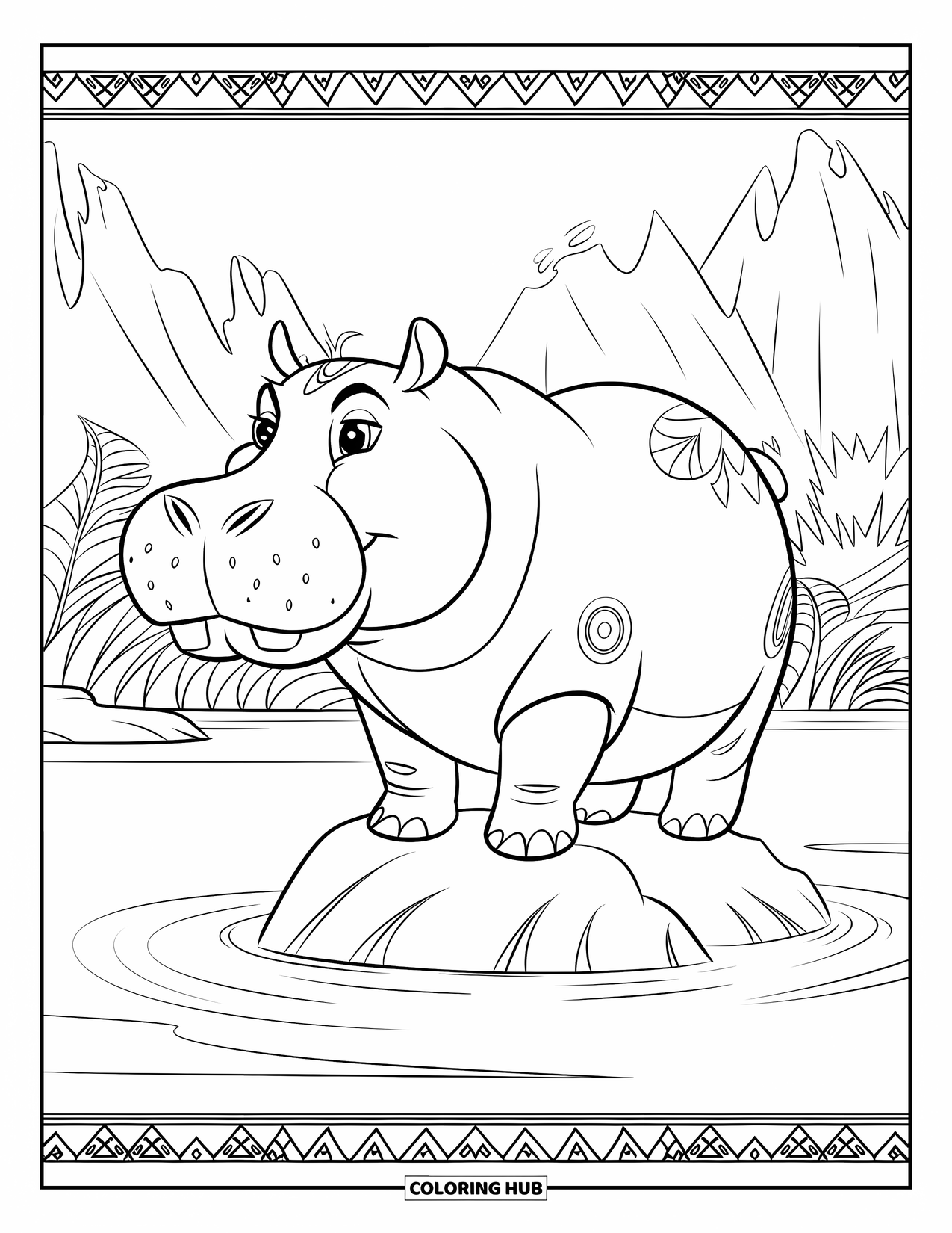 Kolorowanka z hipopotamem dla dorosłych: Silny hipopotam stoi na skale, otoczony plemiennymi wzorami i górami