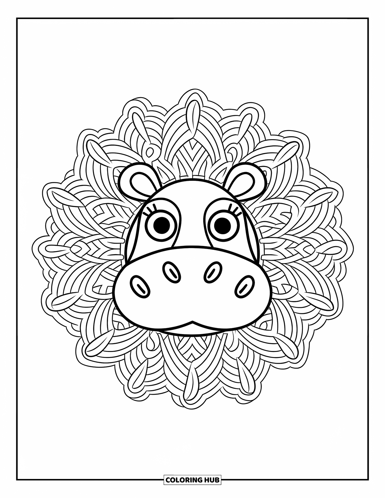 Kolorowanka z hipopotamem dla dorosłych: Stylizowany hipopotam siedzi w centrum szczegółowego wzoru zentangle