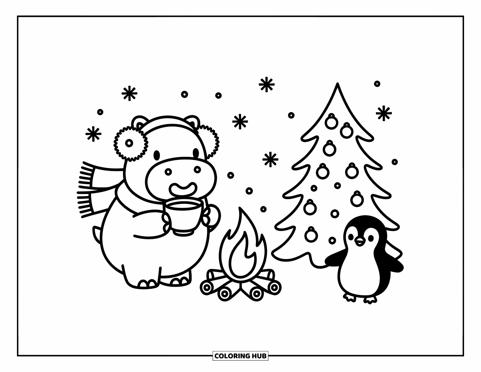 Kolorowanka z hipopotamem dla dorosłych: Ciepły hipopotam w szaliku popija kakao przy ognisku z płatkami śniegu i pingwinem