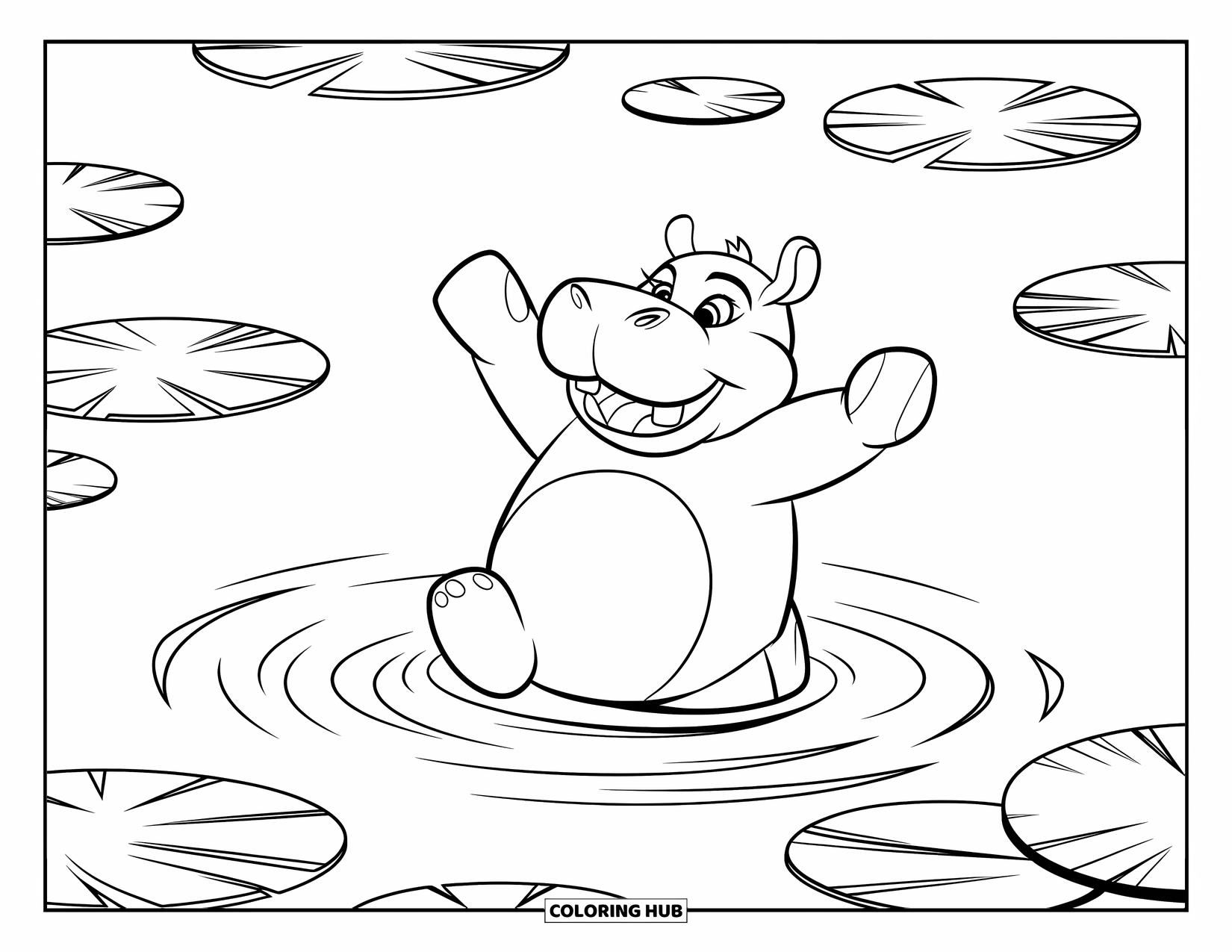 Kolorowanka z hipopotamem dla dzieci: Hipopotam-baletnica tańczy w wodzie, otoczona liliami wodnymi i delikatnymi falami