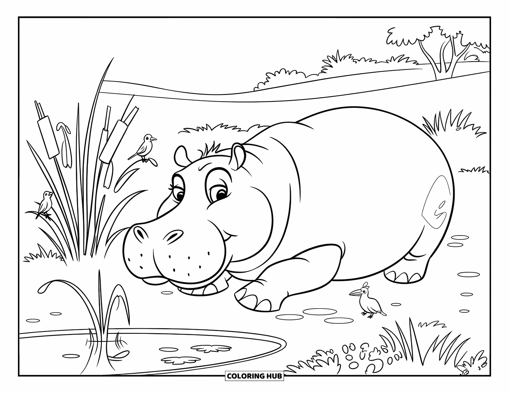 Kolorowanka z hipopotamem dla dzieci: Spokojny hipopotam odpoczywa w pobliżu wody z ptakami na trzcinach i cichym widokiem na wzgórze